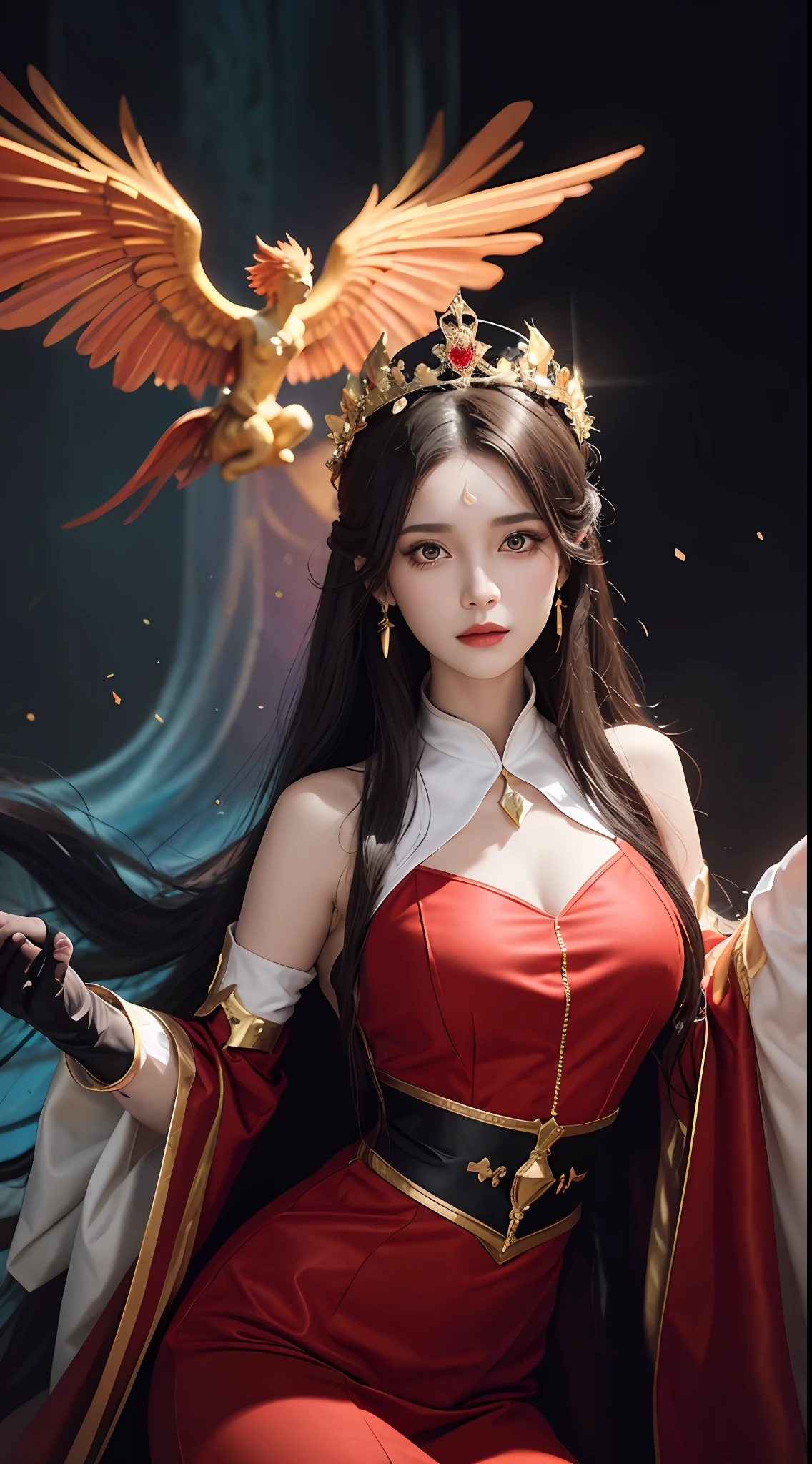 1 Beautiful fairy woman, In the Dark: 1.6), surreal female portrait by David Hockney and Alphonse Mucha, fantasy art, korea doll, photorealism, dynamic lighting, artstation, poster, volumetric lighting, very detailed faces, 8k ultra, all body, Awarded, in the dark, deep shadow, low key, cowboy lens, (Red phoenix dress: 1.4), long hair, black hair, bust, luxurious palace, Royal style,fairy woman crown, Big round black eyes, style Royal, The most beautiful face, big and regular breasts, Super realistic, chinese women's clothing, polo neck sweater, Charming smile, The eyes are very well made up, guweiz, hanfu, Ancient style, loong, forehead mark,