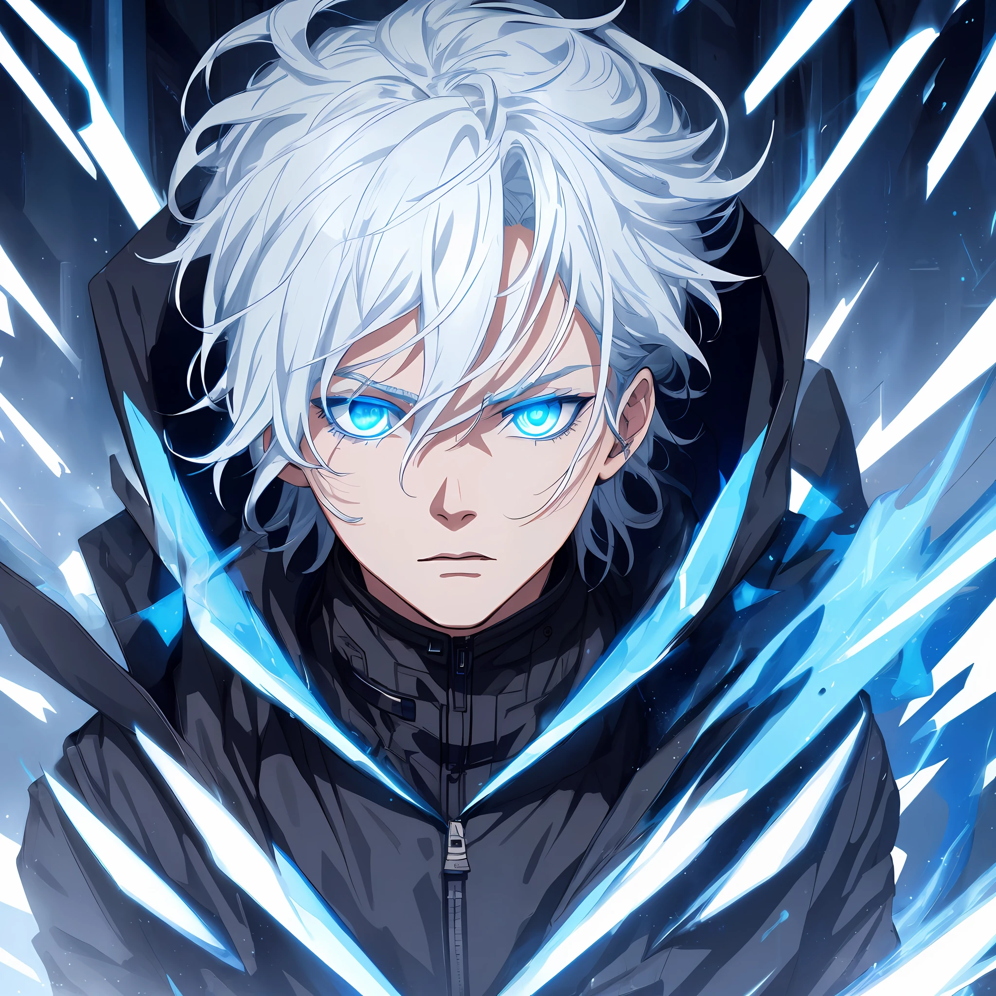 1boy,wearing a black jacket with blue energy running throughout the jacket,white hair, lighting, cinematic, epic, futuristic mouth mask,blue outlines on the jacket,deep blue eyes, wavy messy unkept hair, ultra detailed eyes, glowing eyes, highest quality digital art, Stunning art, wallpaper 4k, highly detailed,BREAK