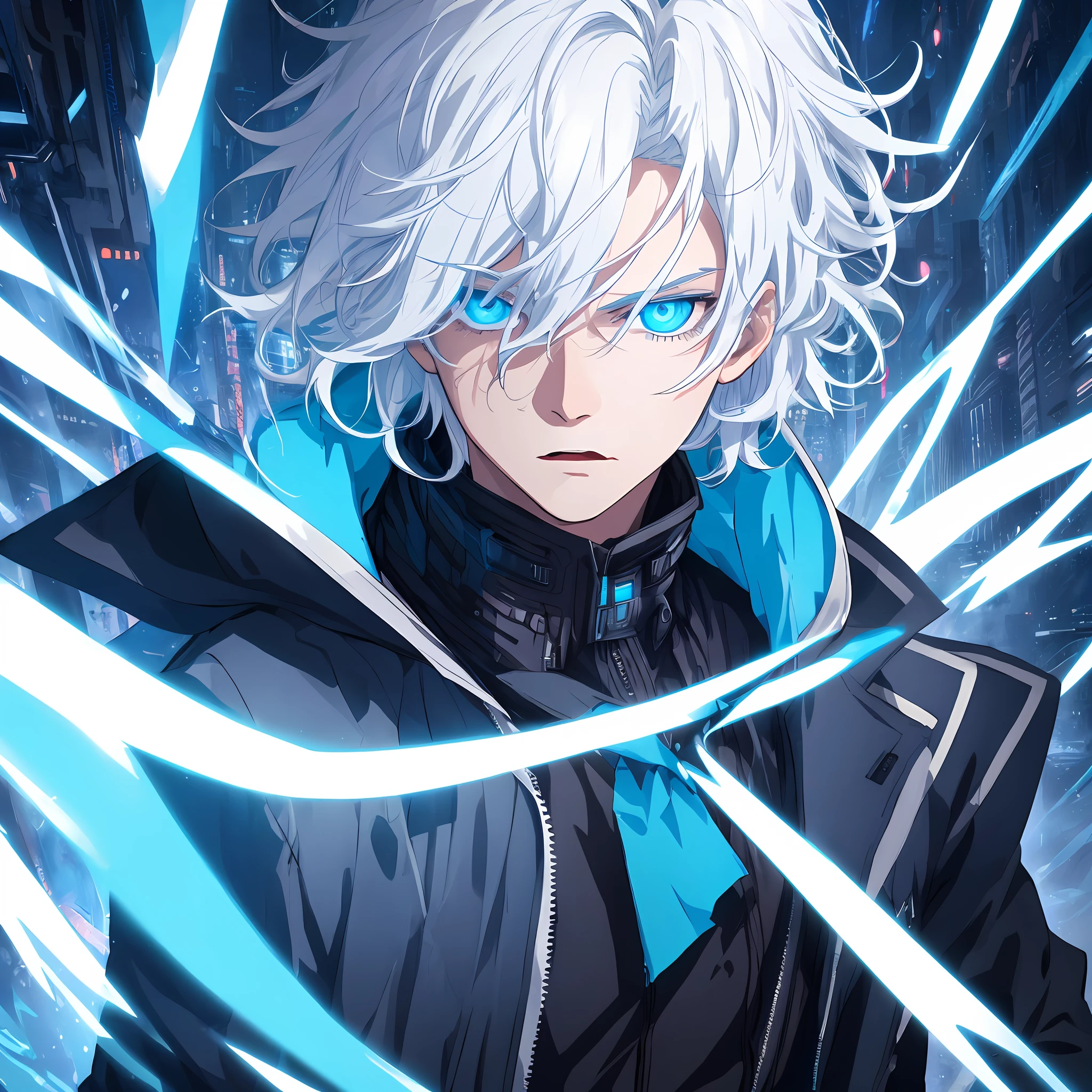 1boy,wearing a black jacket with blue energy running throughout the jacket,white hair, lighting, cinematic, epic, futuristic mouth mask,blue outlines on the jacket,deep blue eyes, wavy messy unkept hair, ultra detailed eyes, glowing eyes, highest quality digital art, Stunning art, wallpaper 4k, highly detailed,BREAK