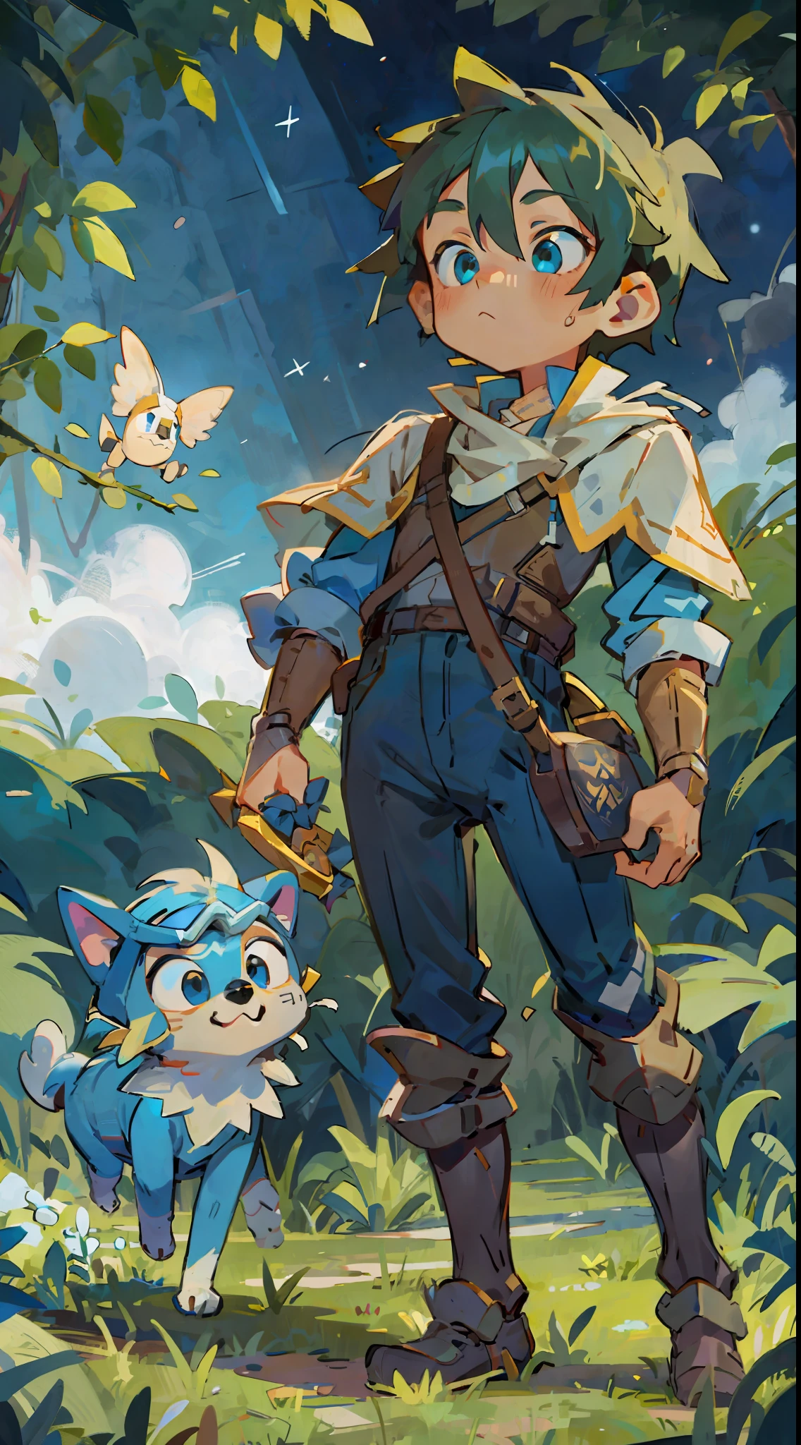 Sky, a boy, dog ride, goggles, knight, night, Zelda dressed up, starry