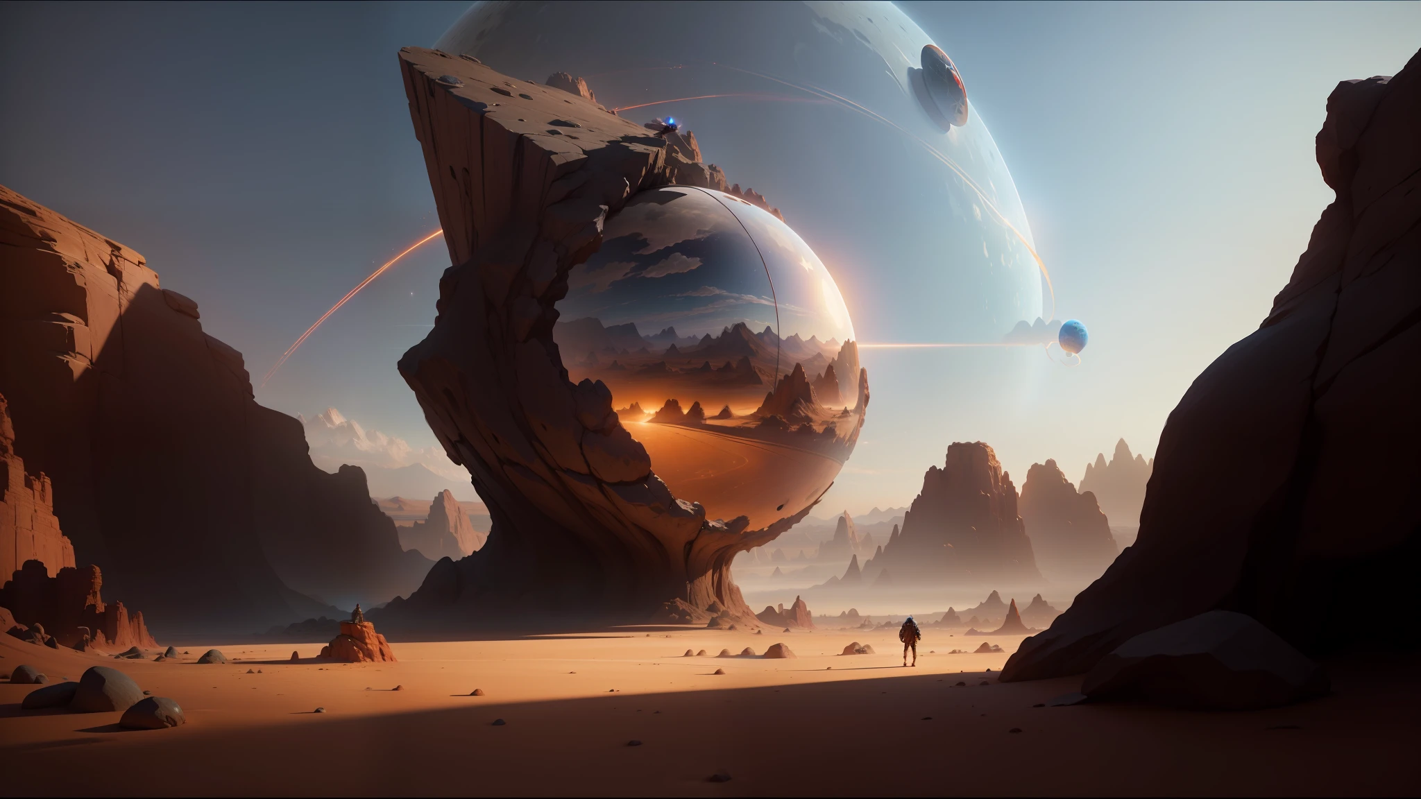 there is a man standing in the desert with a giant object, inspired by jessica rossier, cracked earth, multiverse portal, inspired by Vladimir Kush, the orb of eternity, keyframe, award - winning epic painting, anamorphic lens flares, a large sphere of red energy, highly detailed 3d fractal, rocks falling, by Romain brook, featured art