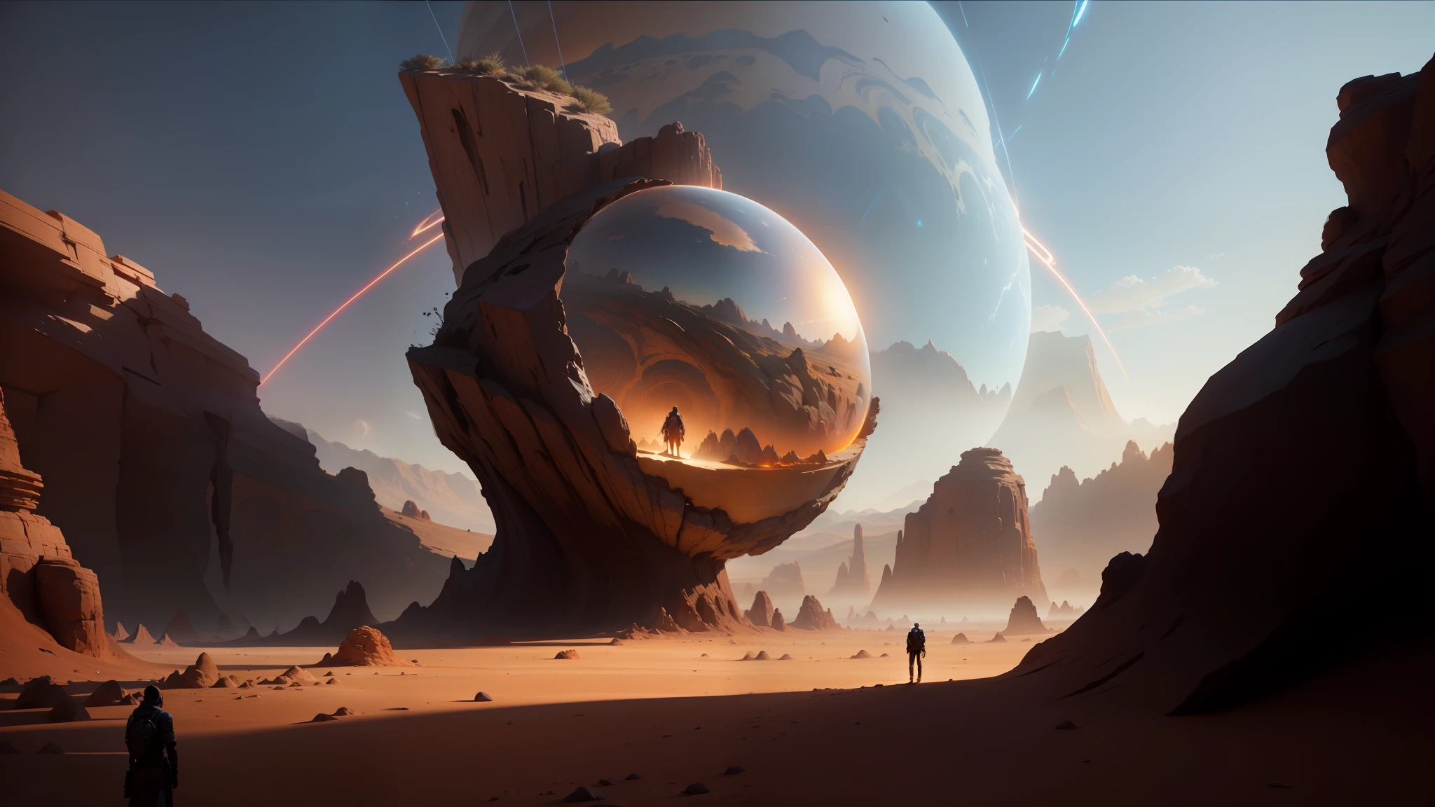 there is a man standing in the desert with a giant object, inspired by jessica rossier, cracked earth, multiverse portal, inspired by Vladimir Kush, the orb of eternity, keyframe, award - winning epic painting, anamorphic lens flares, a large sphere of red energy, highly detailed 3d fractal, rocks falling, by Romain brook, featured art