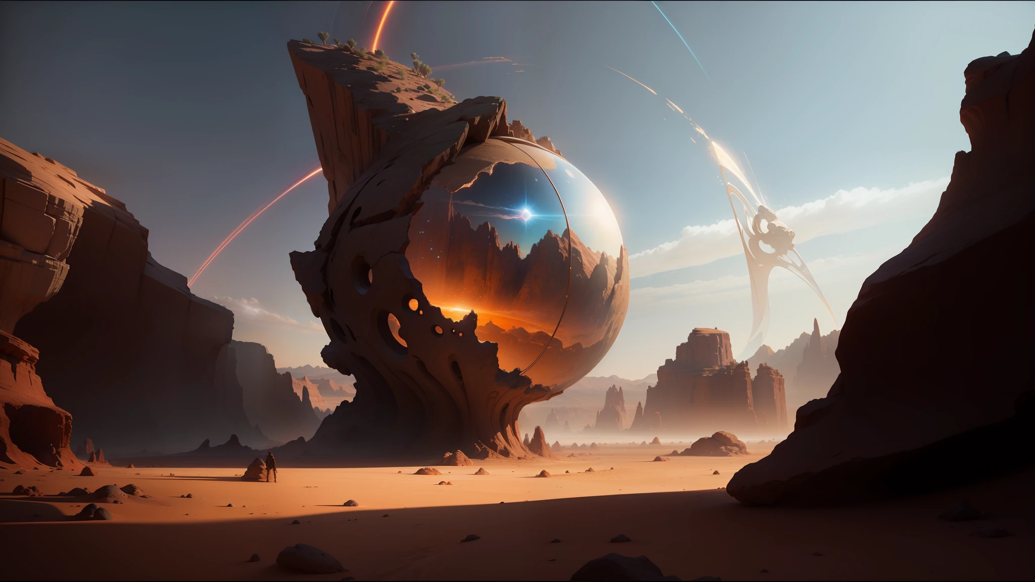 there is a man standing in the desert with a giant object, inspired by jessica rossier, cracked earth, multiverse portal, inspired by Vladimir Kush, the orb of eternity, keyframe, award - winning epic painting, anamorphic lens flares, a large sphere of red energy, highly detailed 3d fractal, rocks falling, by Romain brook, featured art