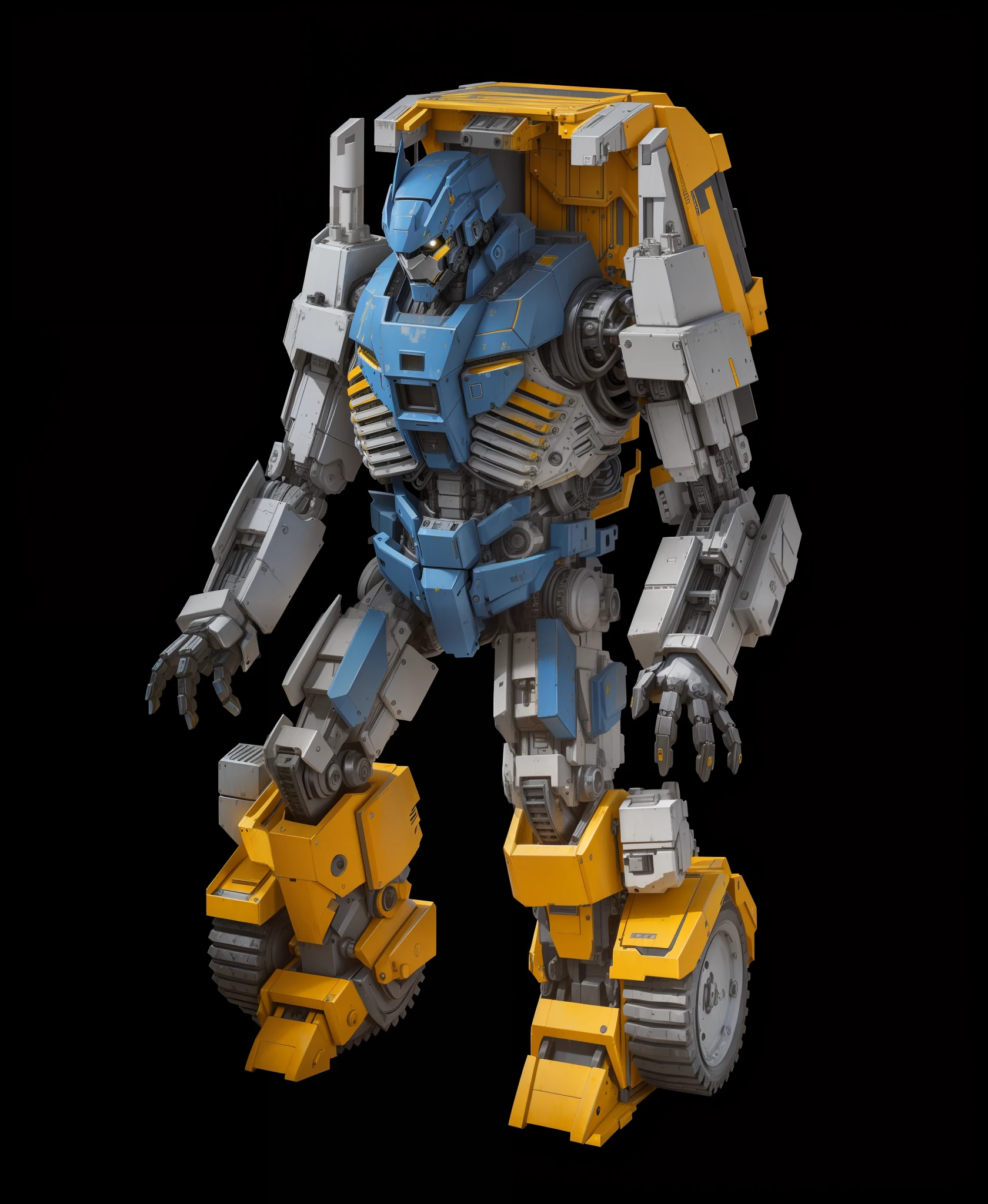 A robot, blue and yellow paint, complex machine structure and parts, metal texture, battle damage, sense of technology, strong contrast lighting, tires, truck shell armor, black background, HD, Transformer style, perfect fingers,
