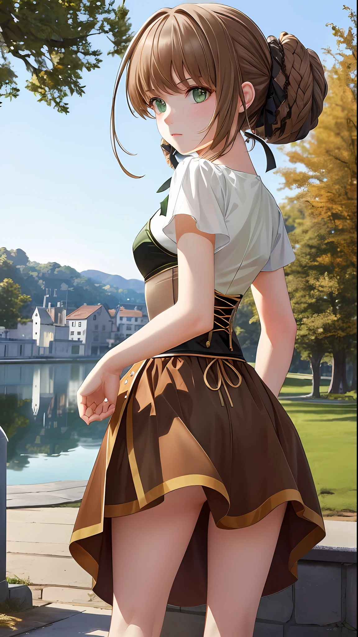 masterpiece, ultra high quality CG, best quality, perfect picture, solo, Duvalie (brown hair with braided buns, green eyes, bustier, cute, small breasts), photo from behind, nice ass, sexy short skirt, on all fours, at lakeside, a medieval lakeside town