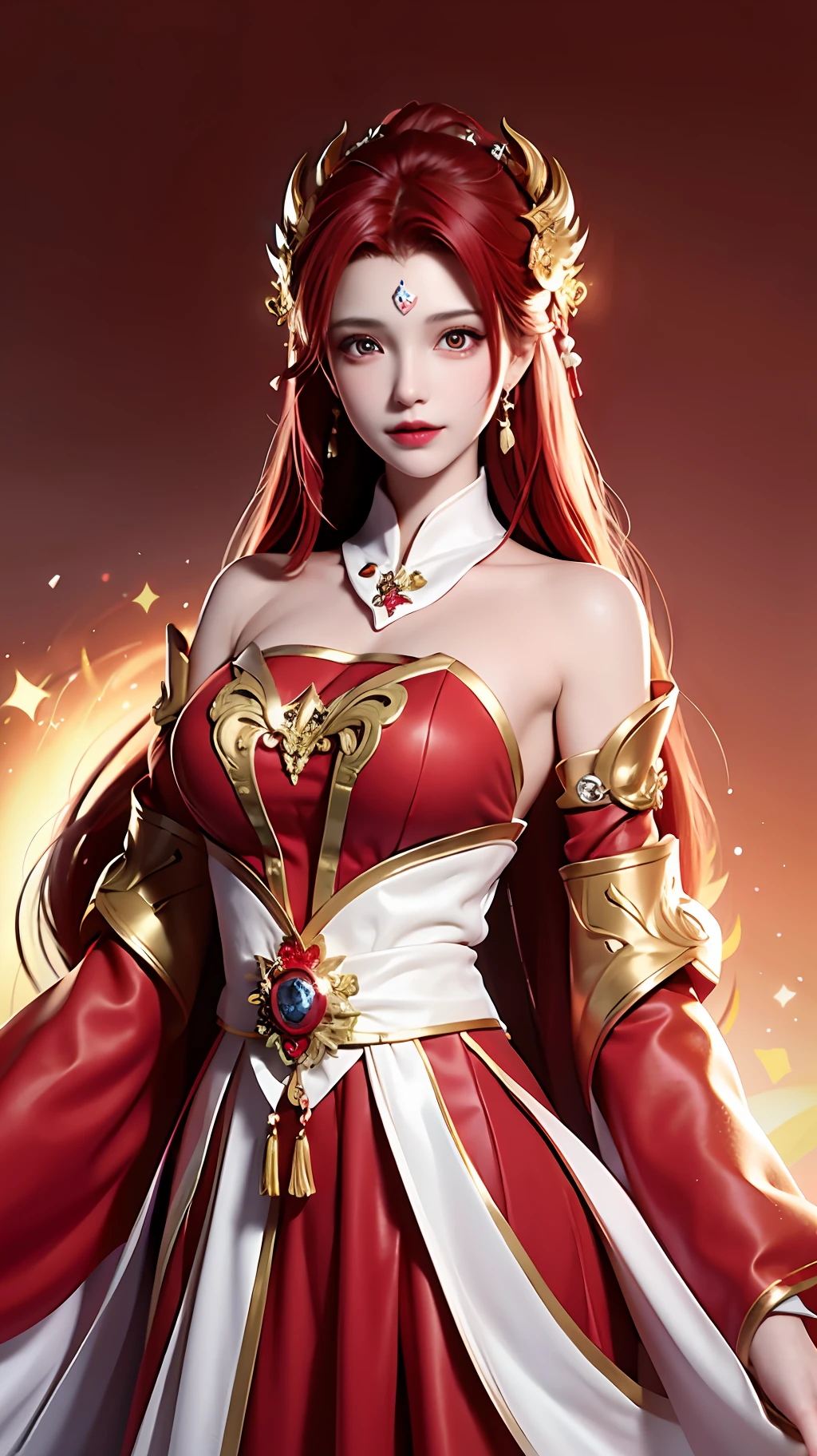 Girl, young and beautiful, tall and beautiful, fair face, perfect features, tall and beautiful, fair skin, good figure, heroic and valiant, heroic and valiant, wearing ancient Chinese armor, female general, Chinese landscape background, standing on the top of the mountain, 500 years ago, starry night, realistic, detailed, 8k, mix4,   red_dress,starry sky, fire, red hair, solo, hair ornament, long hair, red eyes, jewelry, earrings, dress, bare shoulders, red lips, upper body, white background, facial mark, crescent, lipstick, forehead mark, looking at viewer