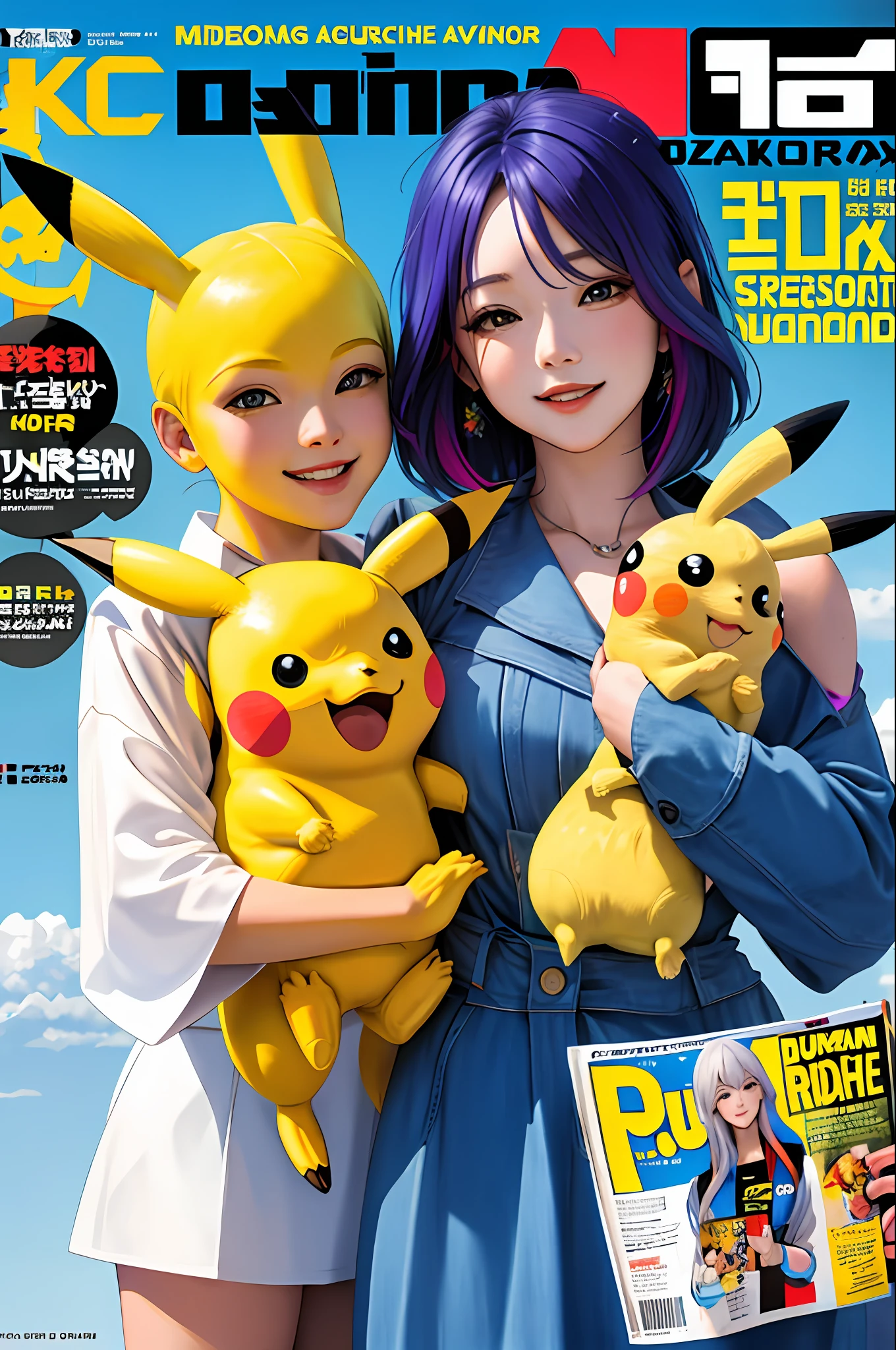 Masterpiece, Acura, Spring Dress, Colored Hair, Outdoor, (((Magazine Cover))), Mask, Maiden Hugging Pikachu Doll
