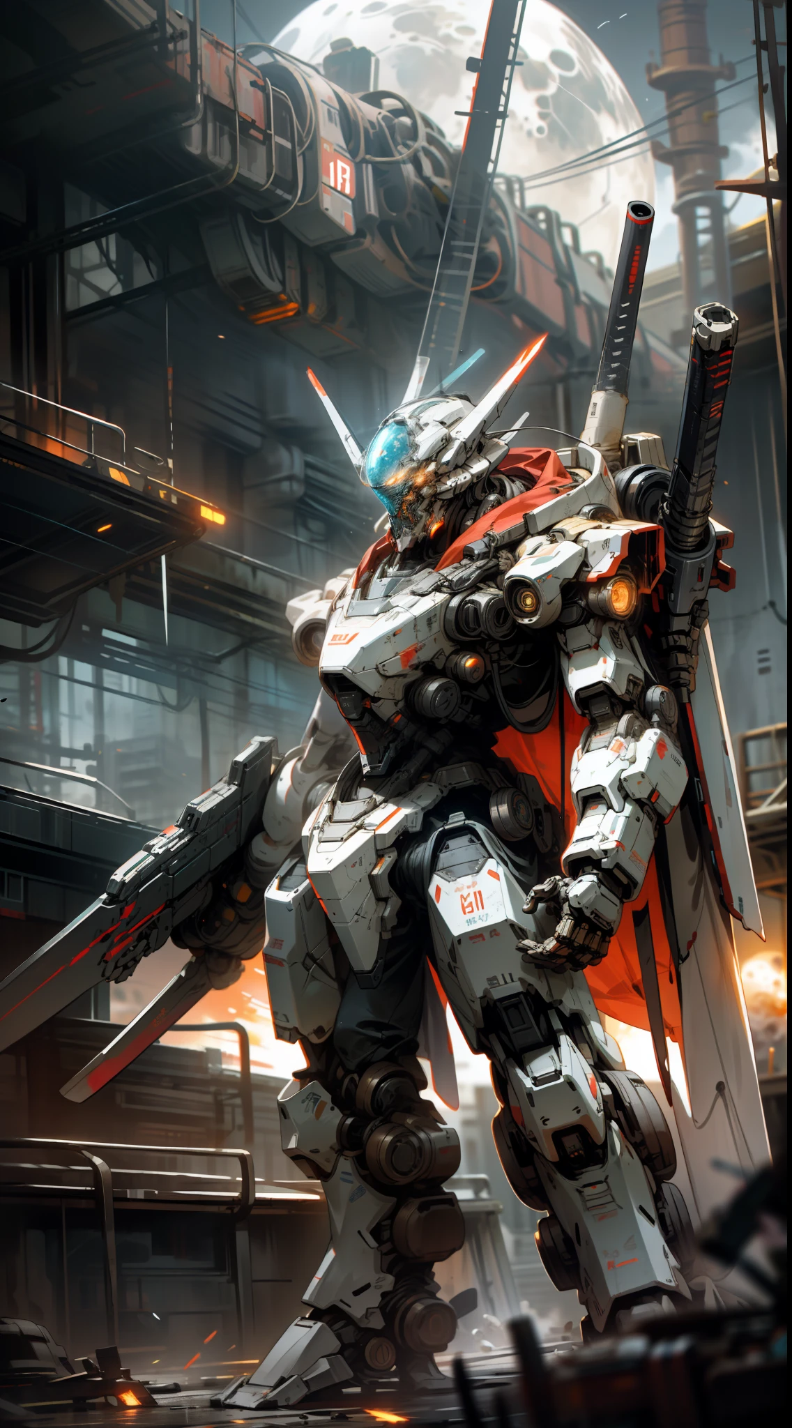 On the Moon, Barren Planet, Ruins, Holding Weapons, No Humans, Glowing, Robots, Buildings, Glowing Eyes, Red Mech, Science Fiction, Reality, Mecha, Galactic Background, Neon, Cyberpunk,