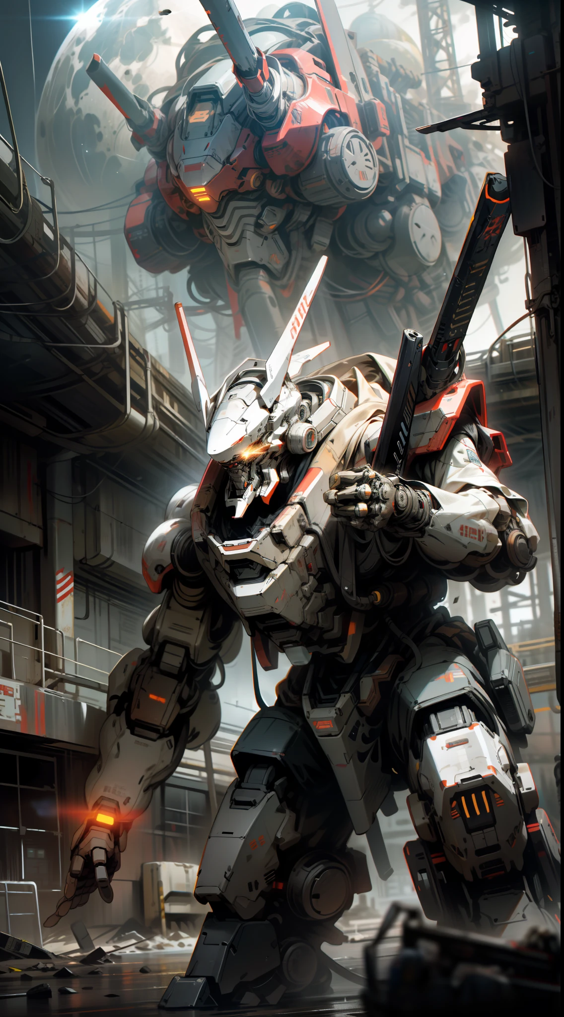 On the Moon, Barren Planet, Ruins, Holding Weapons, No Humans, Glowing, Robots, Buildings, Glowing Eyes, Red Mech, Science Fiction, Reality, Mecha, Galactic Background, Neon, Cyberpunk,