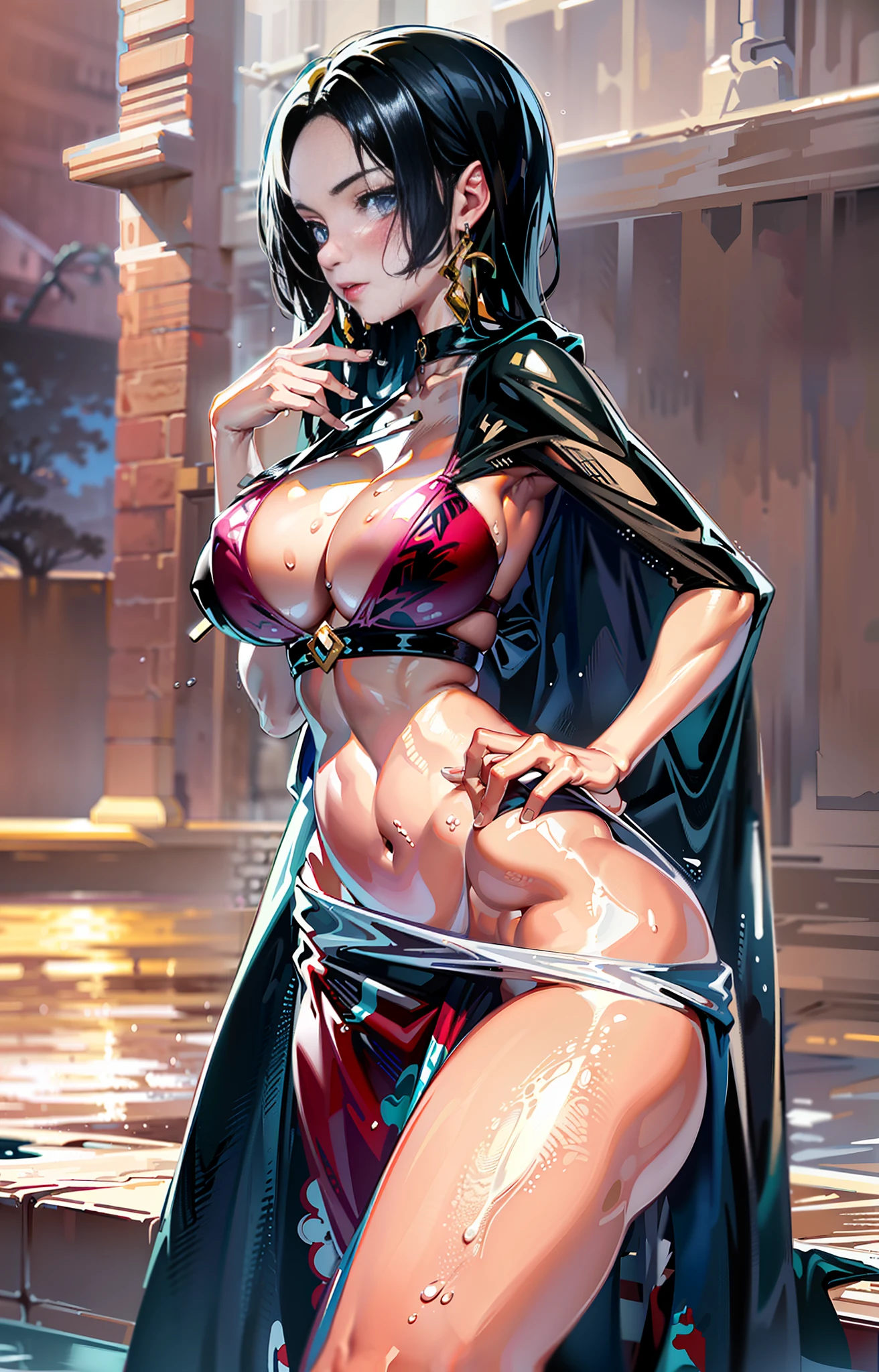 (Best Quality, 4K, Masterpiece: 1.99), Beautiful Woman, Surrealism, 1 Girl, ((Facing the Camera)), (Sagging Big Breasts, Attractive Body: 1.9), Sit-ups: 1.5, Long Black Hair: 1.8, (Wet Rain, Wet Rain, Wet Body: 1.99), Ultra-detailed face, Detailed lips, Detailed eyes, Double eyelids, Sexy Super Small Bikini almost covered and, Open neckline, dangling breasts, frontal crotch pose, waist facing camera jacked out, visible curves, Pool party, poolside, red transparent bikini, wet legs, wet chest, wet waist