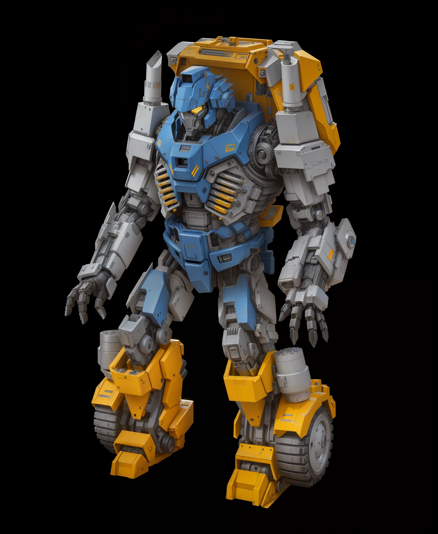 A robot, blue and yellow paint, complex machine structure and parts, metal texture, battle damage, sense of technology, strong contrast lighting, tires, truck shell armor, black background, HD, Transformer style, perfect fingers,