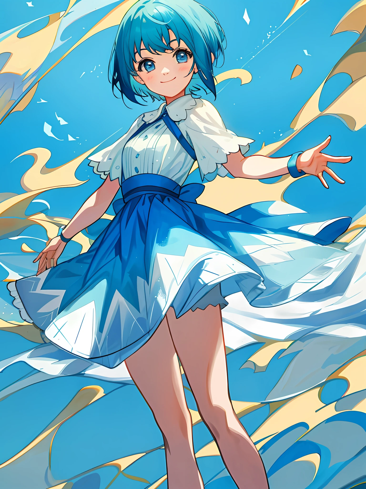 Girl short hair Blue hair Blue eyes Blue matching Smile confidently Correct limbs