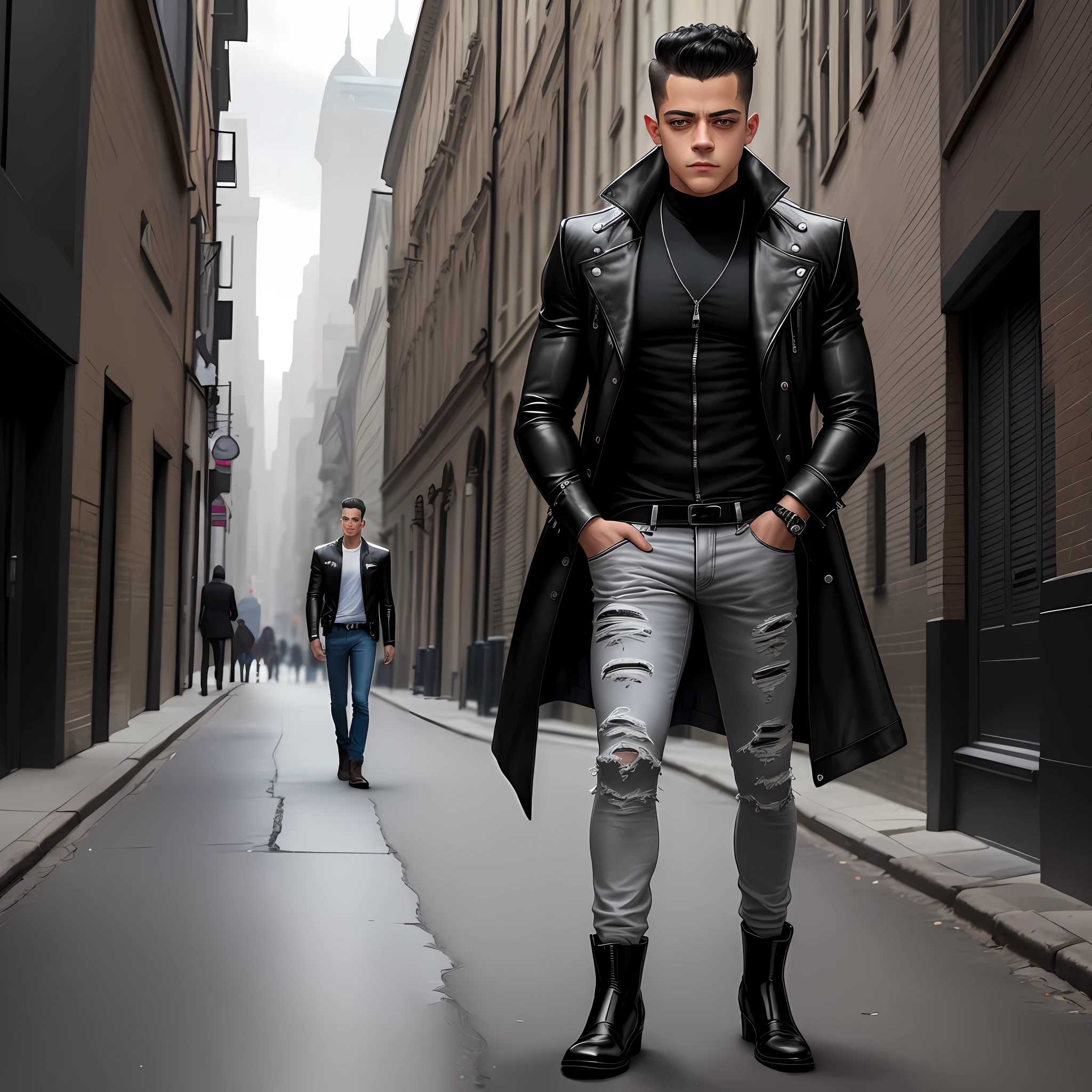 A man with a style similar to Rami Malek's, wearing a black open-zippered jacket, white shirt, jeans and brown boots, is looking for adventure with his gaze turned to the side in a gray Gothic city setting.