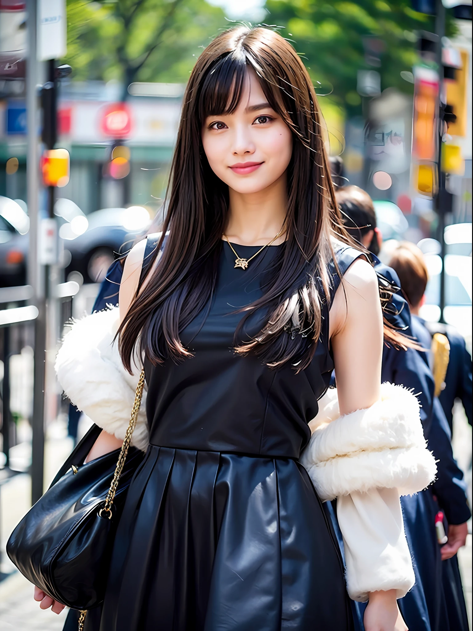18 year old girl with perfect face and big, café, right hand with hair, cute clothes, slim and slender physique. The skin has detailed and highly detailed eyes (1.1 emphasis), very detailed skin texture (1.1 emphasis). slender necklace, model photo style, photorealistic, skin texture is real human skin texture, detailed skin pores, intricate details, eyes very detailed, black tight skirt: 1.5, black sleeveless: 1.2, navy blue bag, white fluffy coat, street, smile, viewer's eye view, dimples