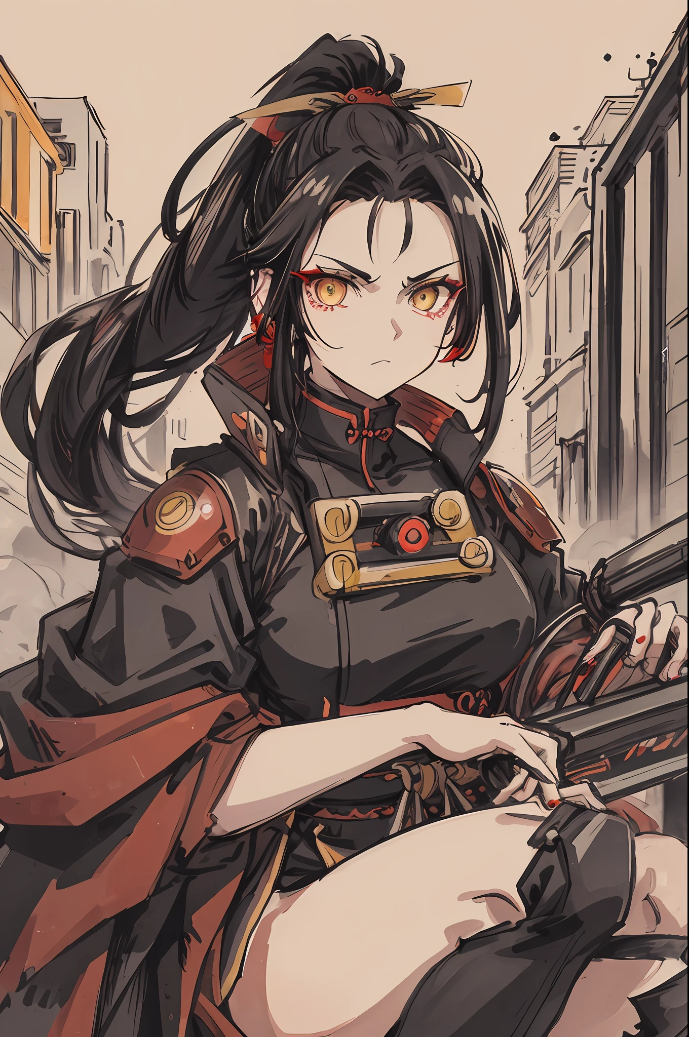 cyberpunk woman wearing red and black samurai armor, black hair, ponytail, yellow eyes. portrait, detailed face