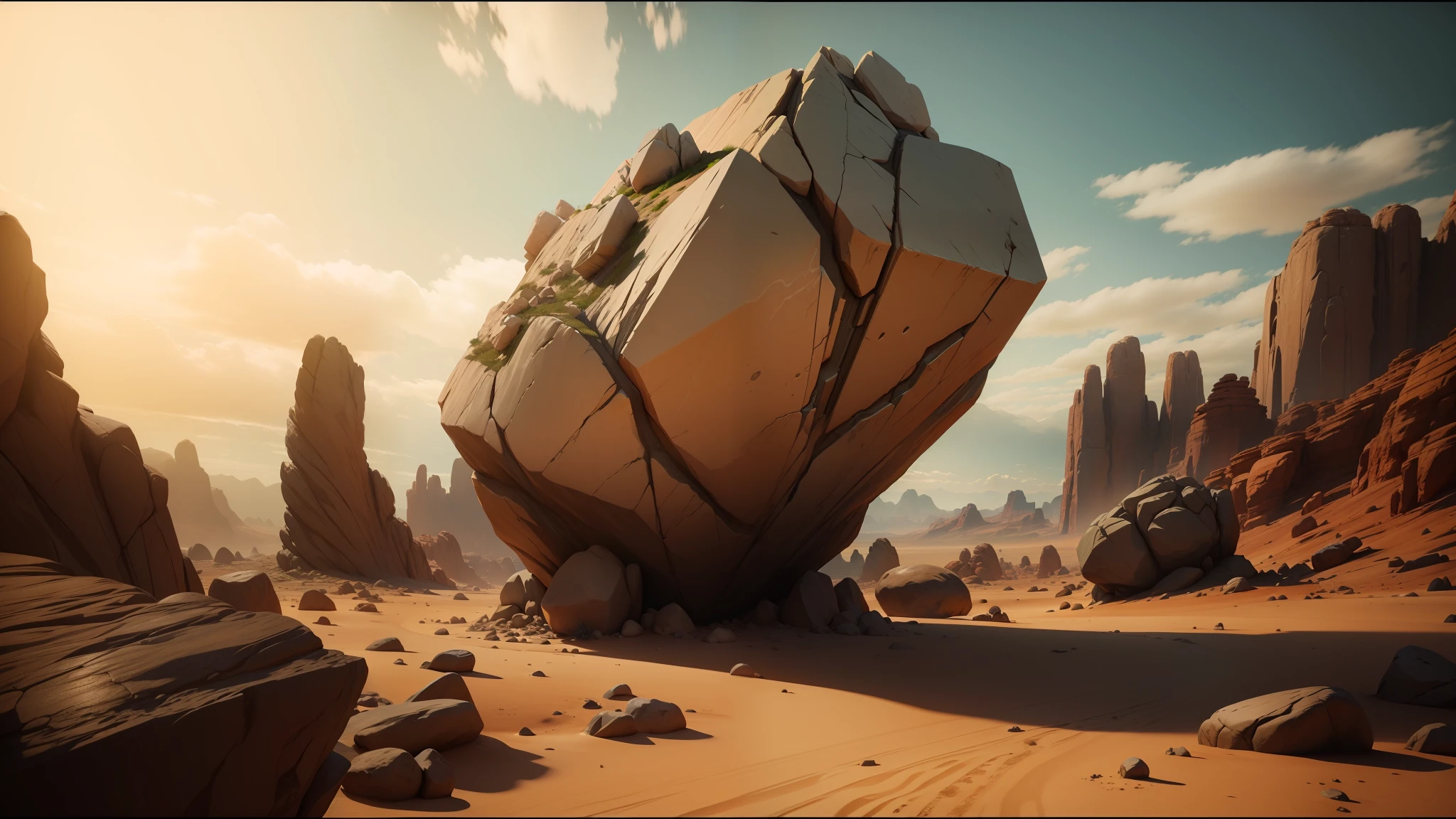 there is a large rock in the middle of a desert, unreal engine 5 demo, progressive rock album cover, giant hammer, holodeck, inspired by Israel Tsvaygenbaum, screenshot from the game, among us video game, boulders, playable trailer, large rocks