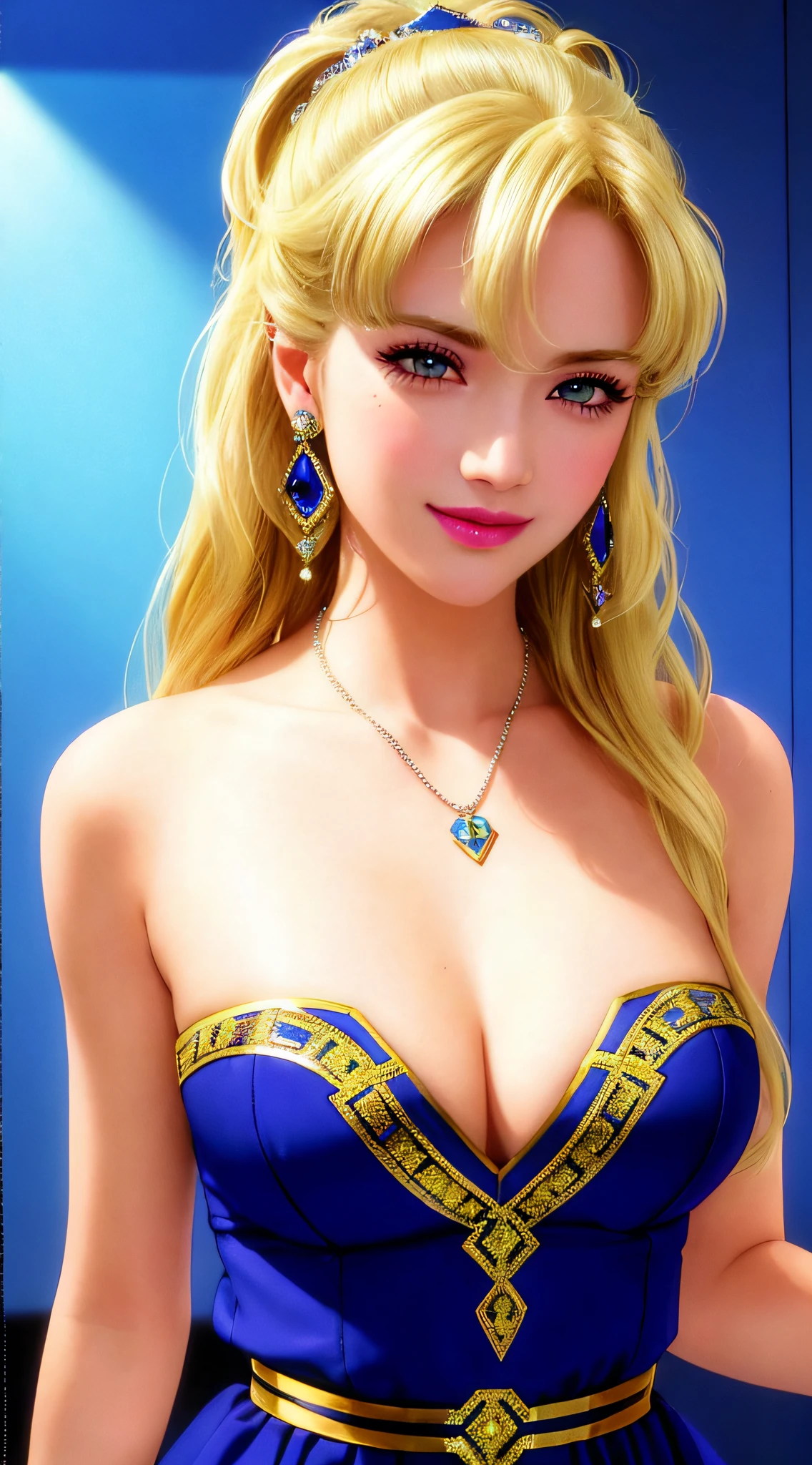 at dance party against the wall, smile, submissive, necklace, earrings, full body, long blonde hair, blue dress, superb, ultra-high-definition, RAW photo, realism: 1.25), (bright lip gloss, long eyelashes, smooth face, bright skin, natural shadows, wide light, wide light, depth of field, strong colors, subtle caustics: 0.8), (big tits), v6