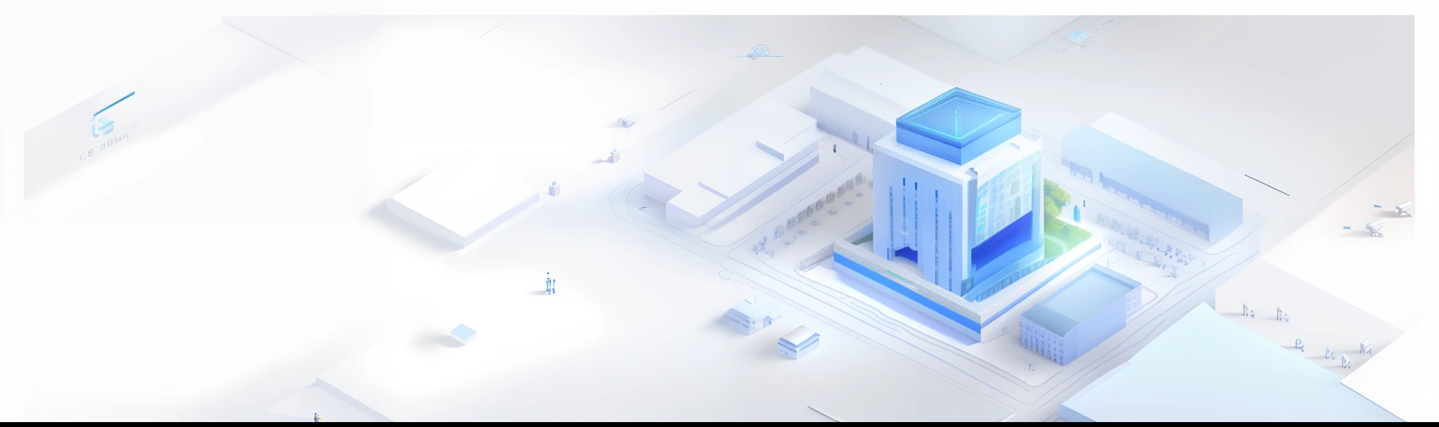 There is a blue and white picture of the building, depicted as 3D rendering, isometric 8K, 3D 8K rendering, complex 3D scene, 8K 3D rendering, 8K 3D rendering, clean digital rendering, pre-rendered isometric graphics, in a detailed data center, soft 3D rendering, rigorous structure, clear subject structure, Tencent Cloud style, masterpiece