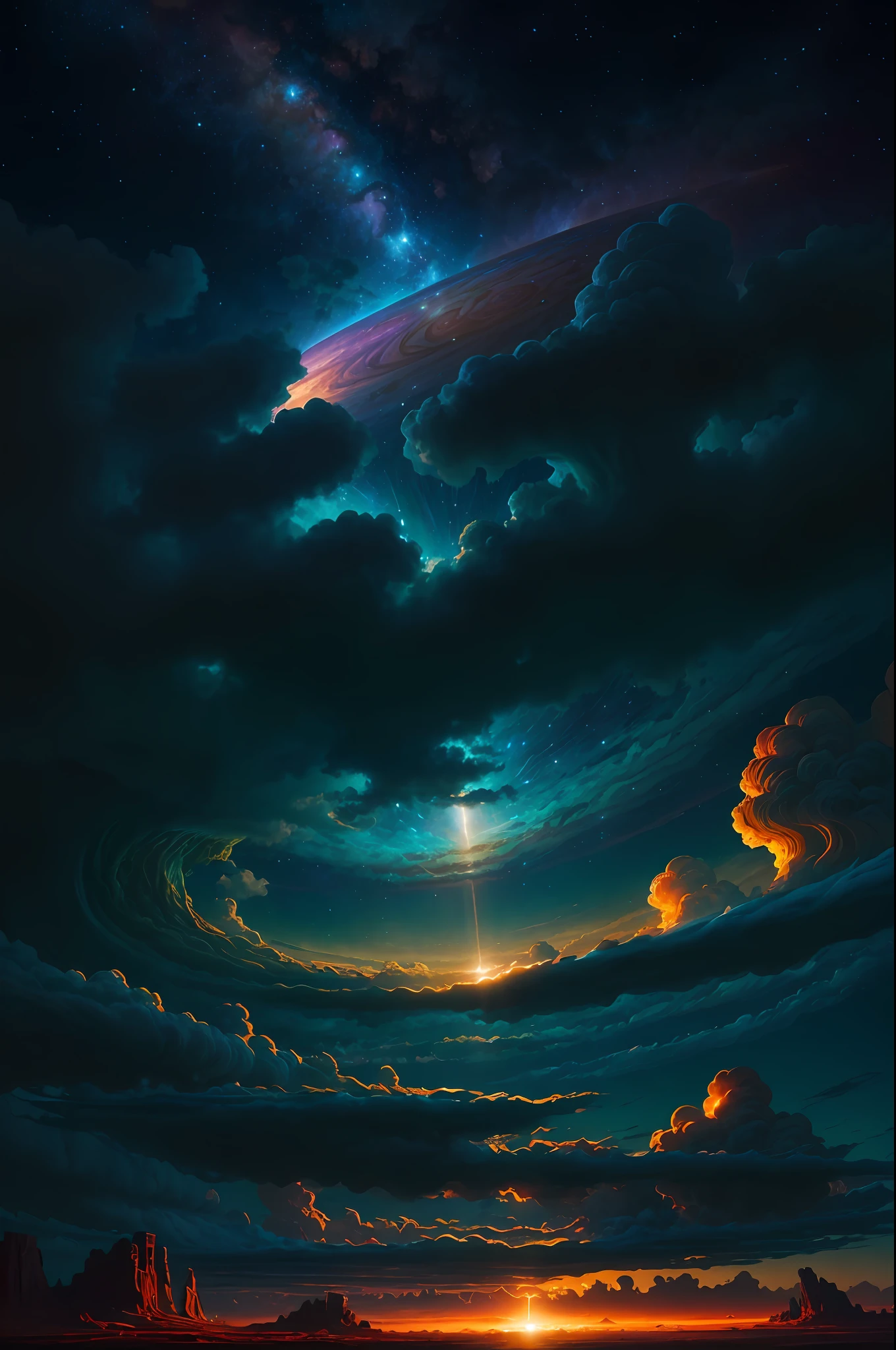 Dan Mumford's Jupiter cloud illustration, alien landscapes and vegetation, epic scenes, lots of rotating clouds, high exposure, very detailed, realistic, vibrant blue tones, UHD