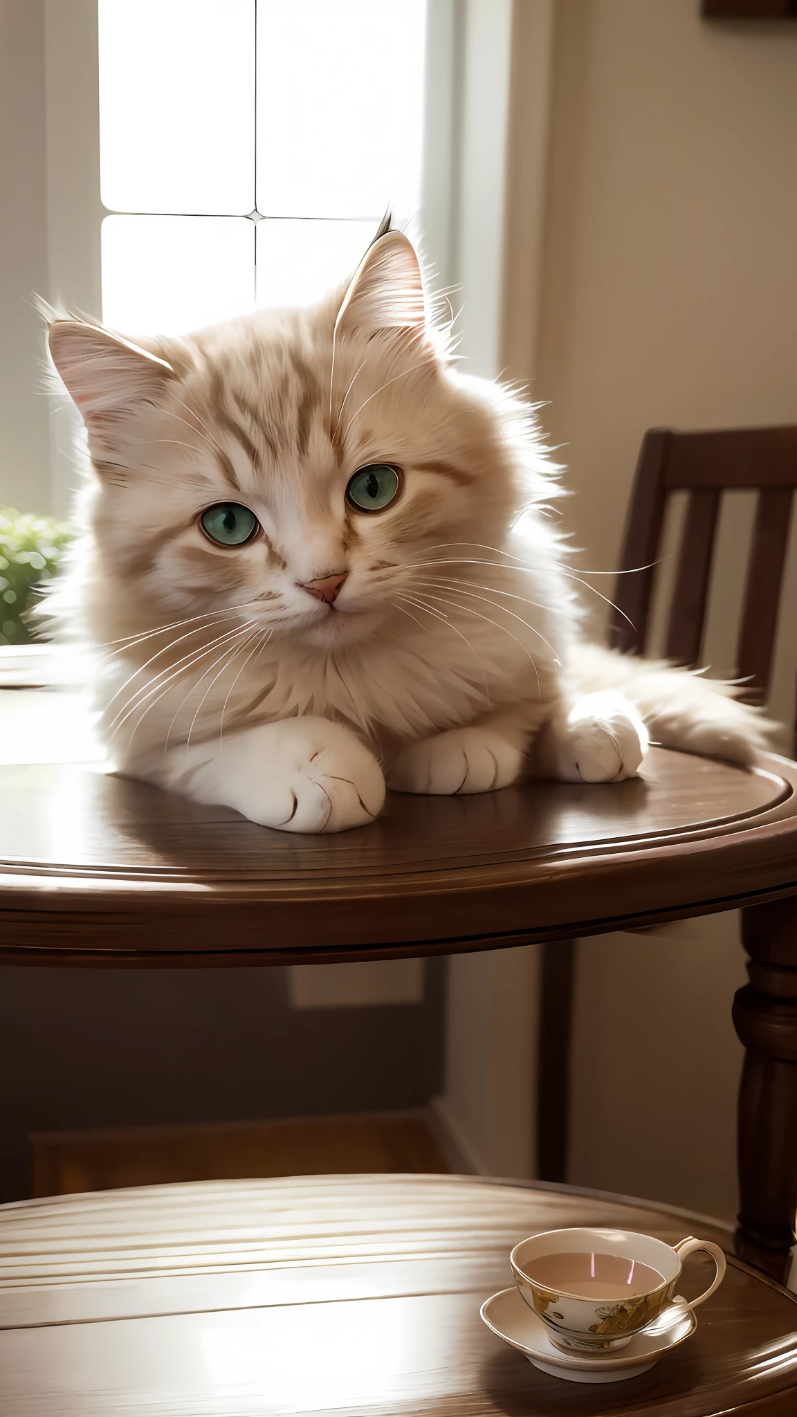 Cat, (Himalayan), (Small)))), in a teacup, Face, Front paws out, 8K, Professional photo, Delicate, Clear, On the table, Inside the house, Sunshine, Light Leak, Masterpiece, ((Pretty))), Fashionable Teacup, (Reality), Plush Toy, Round Pupils