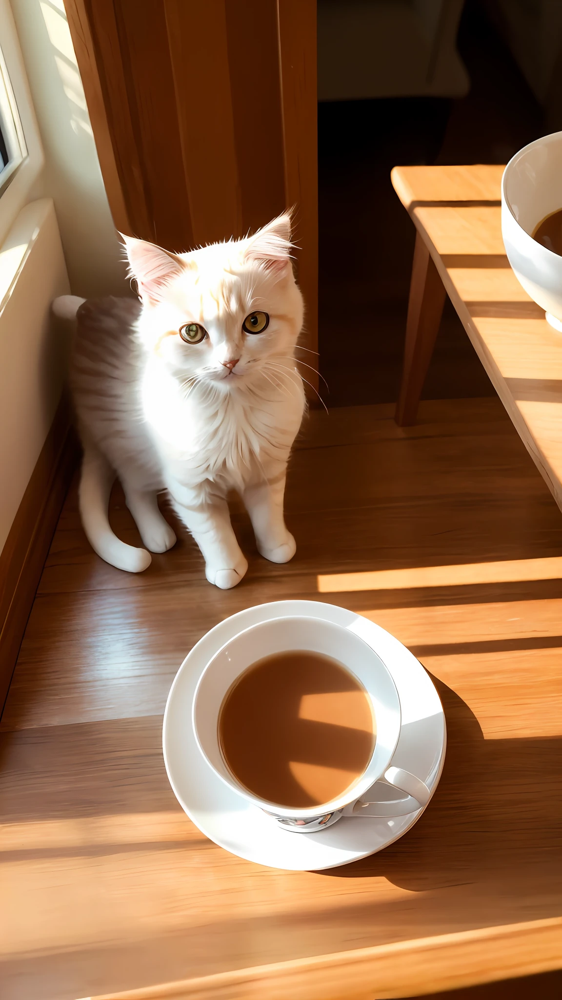 Cat, (Himalayan), (Small)))), in a teacup, Face, Front paws out, 8K, Professional photo, Delicate, Clear, On the table, Inside the house, Sunshine, Light Leak, Masterpiece, ((Pretty))), Fashionable Teacup, (Reality), Plush Toy, Round Pupils