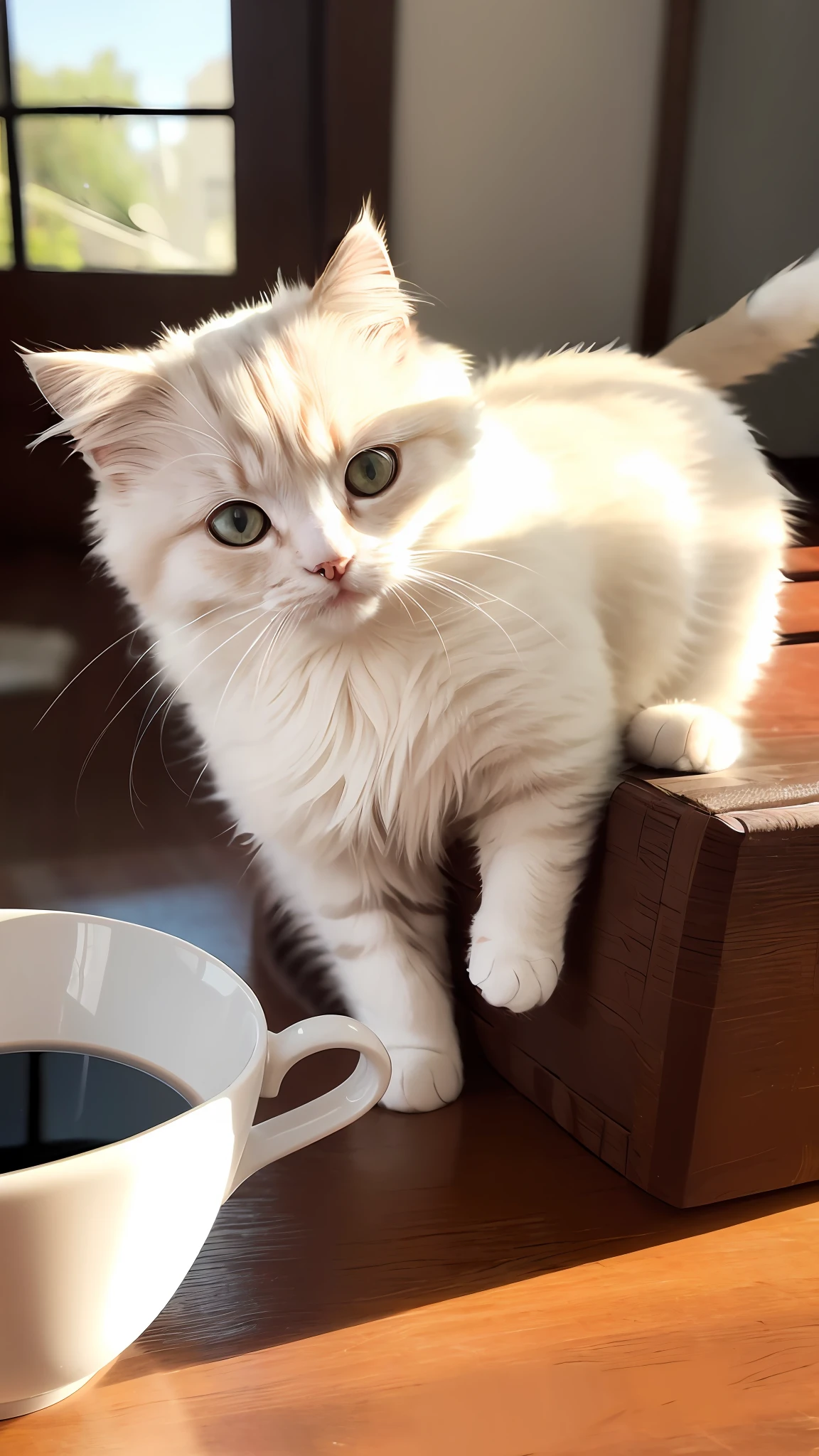 Cat, (Himalayan), (Small)))), in a teacup, Face, Front paws out, 8K, Professional photo, Delicate, Clear, On the table, Inside the house, Sunshine, Light Leak, Masterpiece, ((Pretty))), Fashionable Teacup, (Reality), Plush Toy, Round Pupils