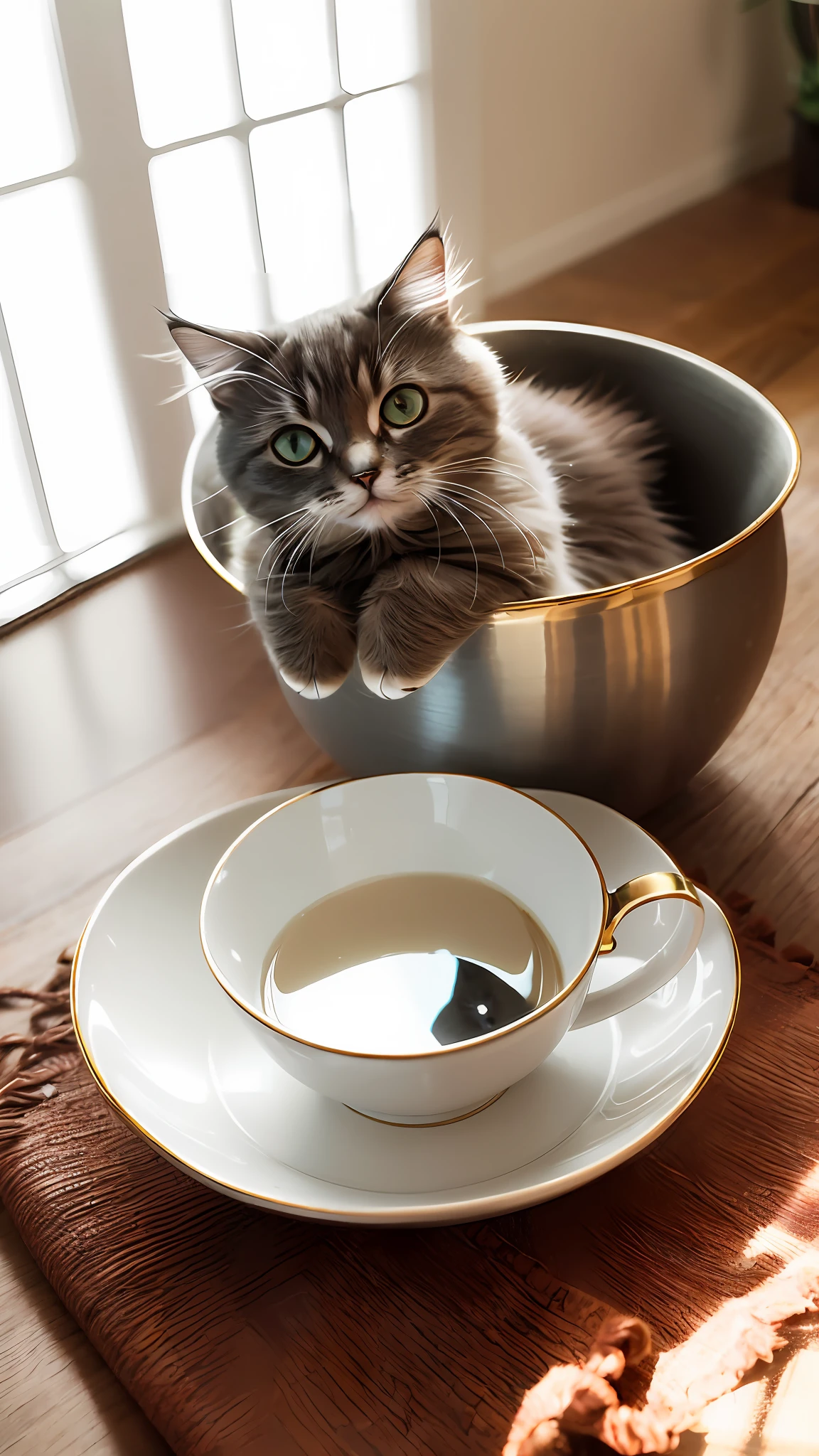 Cat, (Himalayan), (Small)))), in a teacup, Face, Front paws out, 8K, Professional photo, Delicate, Clear, On the table, Inside the house, Sunshine, Light Leak, Masterpiece, ((Pretty))), Fashionable Teacup, (Reality), Plush Toy, Round Pupils