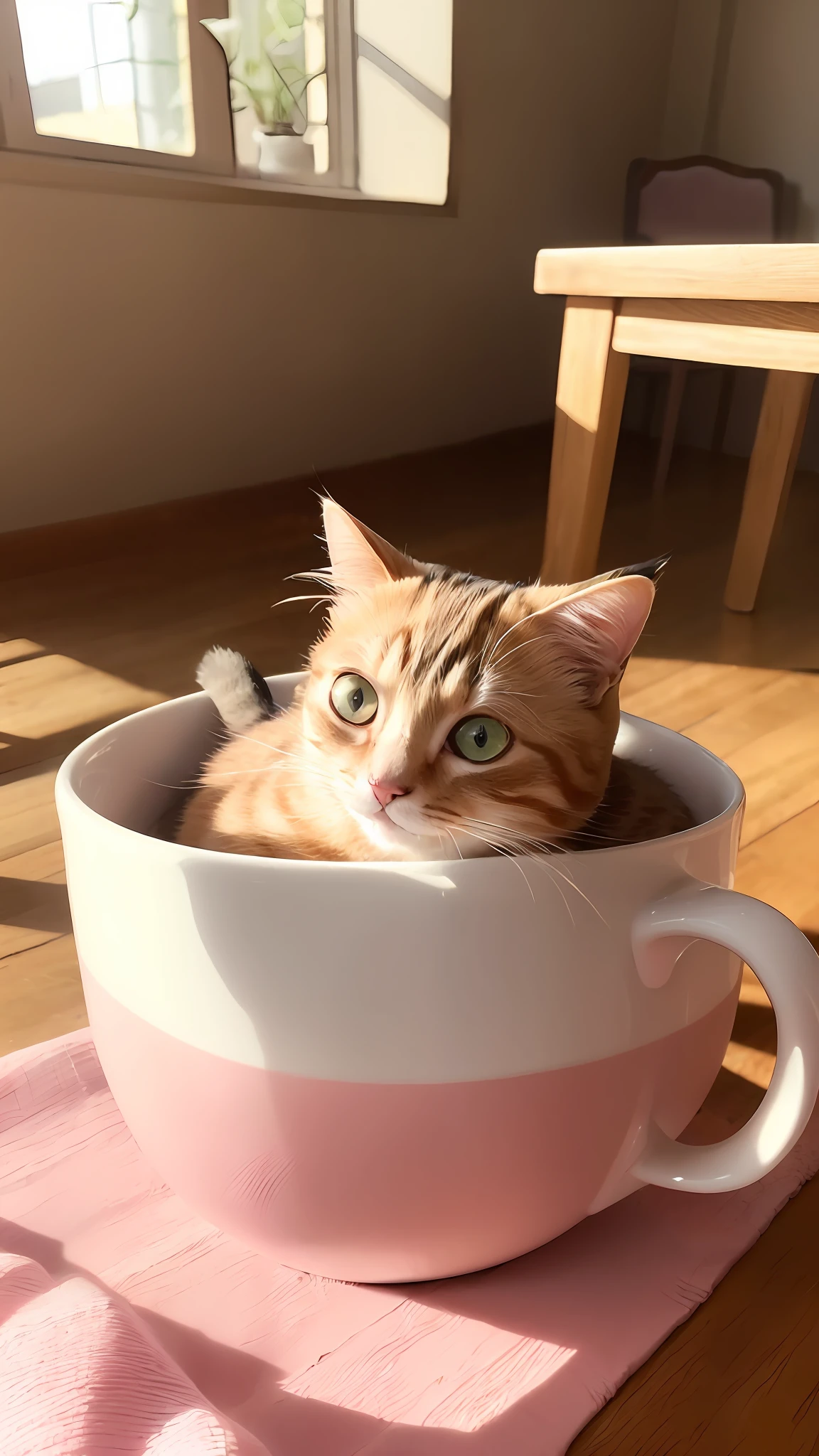 Cat, pink, (Himalaya), (small)))), in teacup, face, front paws sticking out, 8K, professional photo, delicate, clear, on table, inside the house, sunlight, light leakage, masterpiece, ((pretty))), fashion teacup, (realistic), plush toy, round pupils