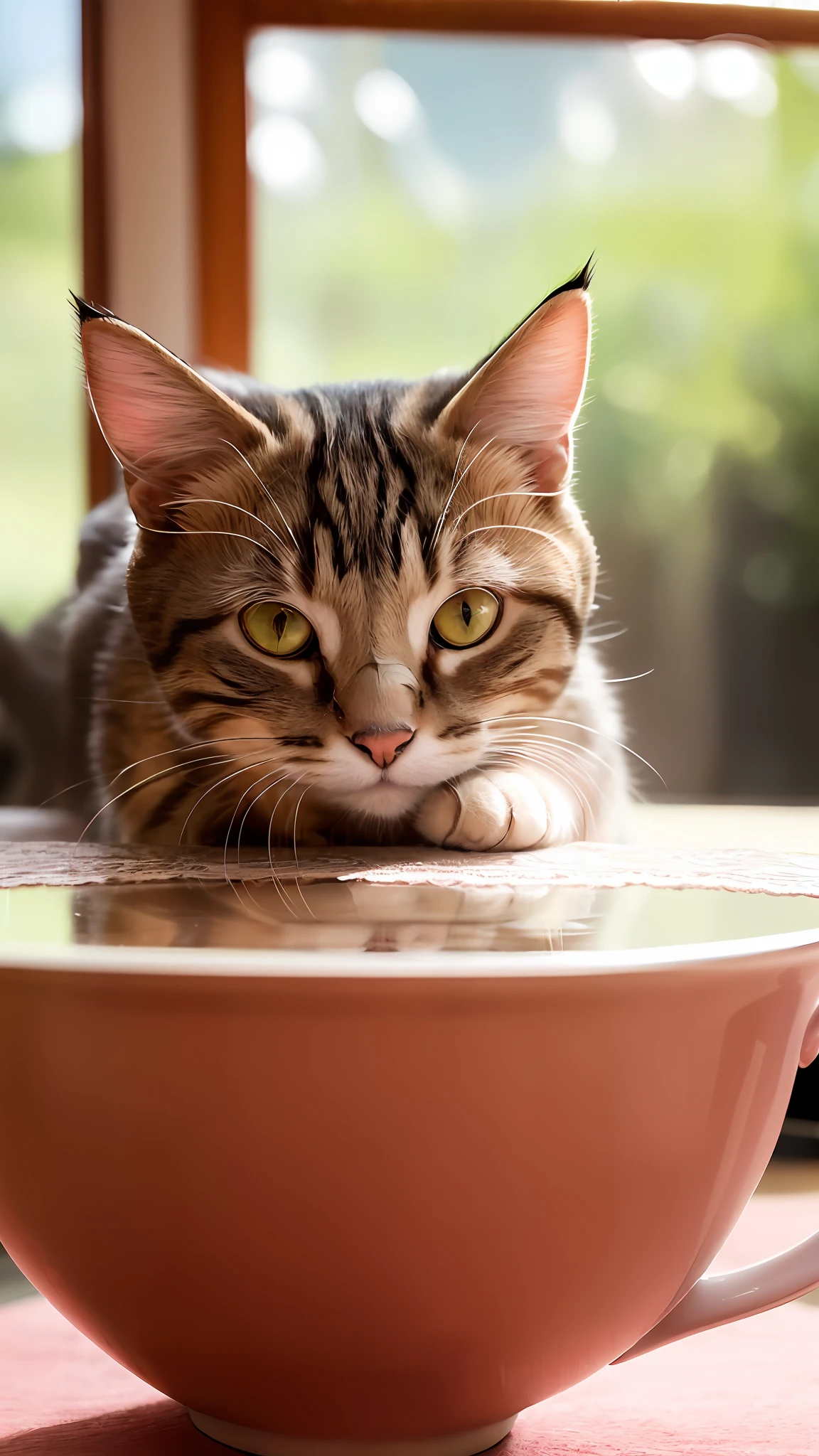 Cat, pink, (Himalaya), (small)))), in teacup, face, front paws sticking out, 8K, professional photo, delicate, clear, on table, inside the house, sunlight, light leakage, masterpiece, ((pretty))), fashion teacup, (realistic), plush toy, round pupils