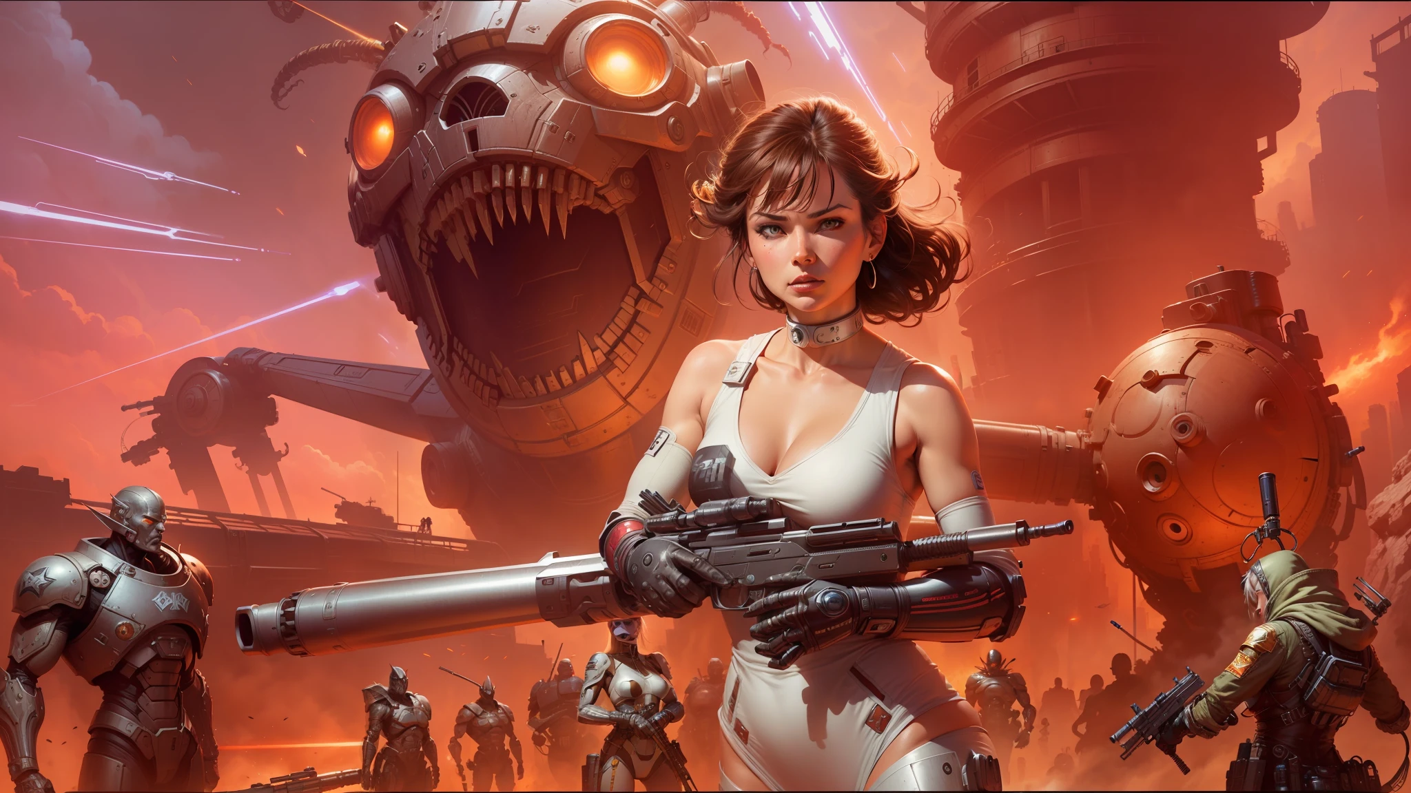 there is a woman holding a gun and a robot in the background, inspired by Greg Staples, epically luminous image, parallax », wearing epic bionic implants, helluva boss, inspired by Les Edwards, boardgamegeek, marc _ simonetti --ar 16:9 --v 5.1