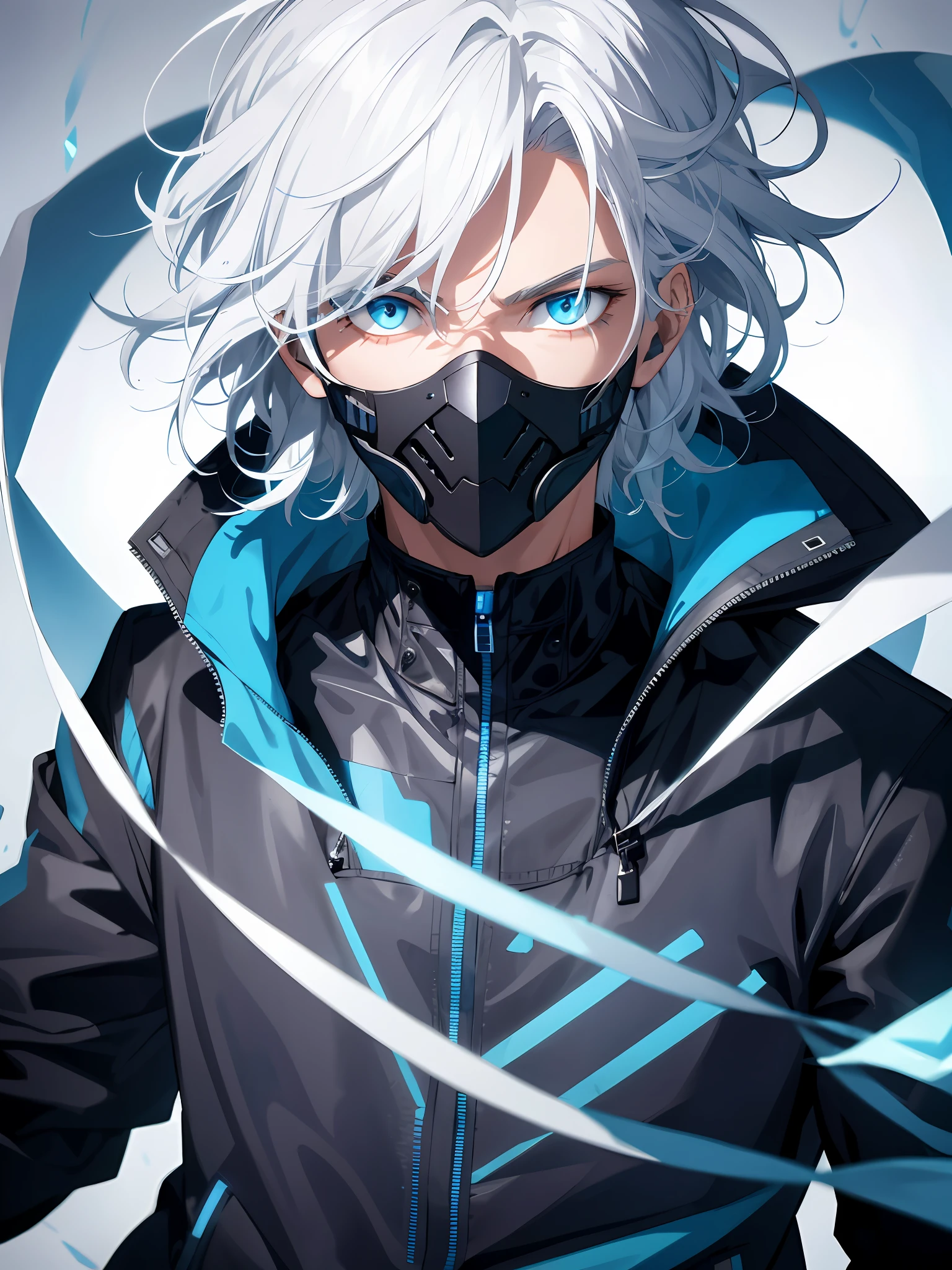 1boy,wearing a black jacket with blue energy running throughout the jacket,white hair,close up shot, futuristic mouth mask,blue outlines on the jacket,deep blue eyes, wavy messy unkept hair, ultra detailed eyes, glowing eyes, highest quality digital art, Stunning art, wallpaper 4k, highly detailed,BREAK