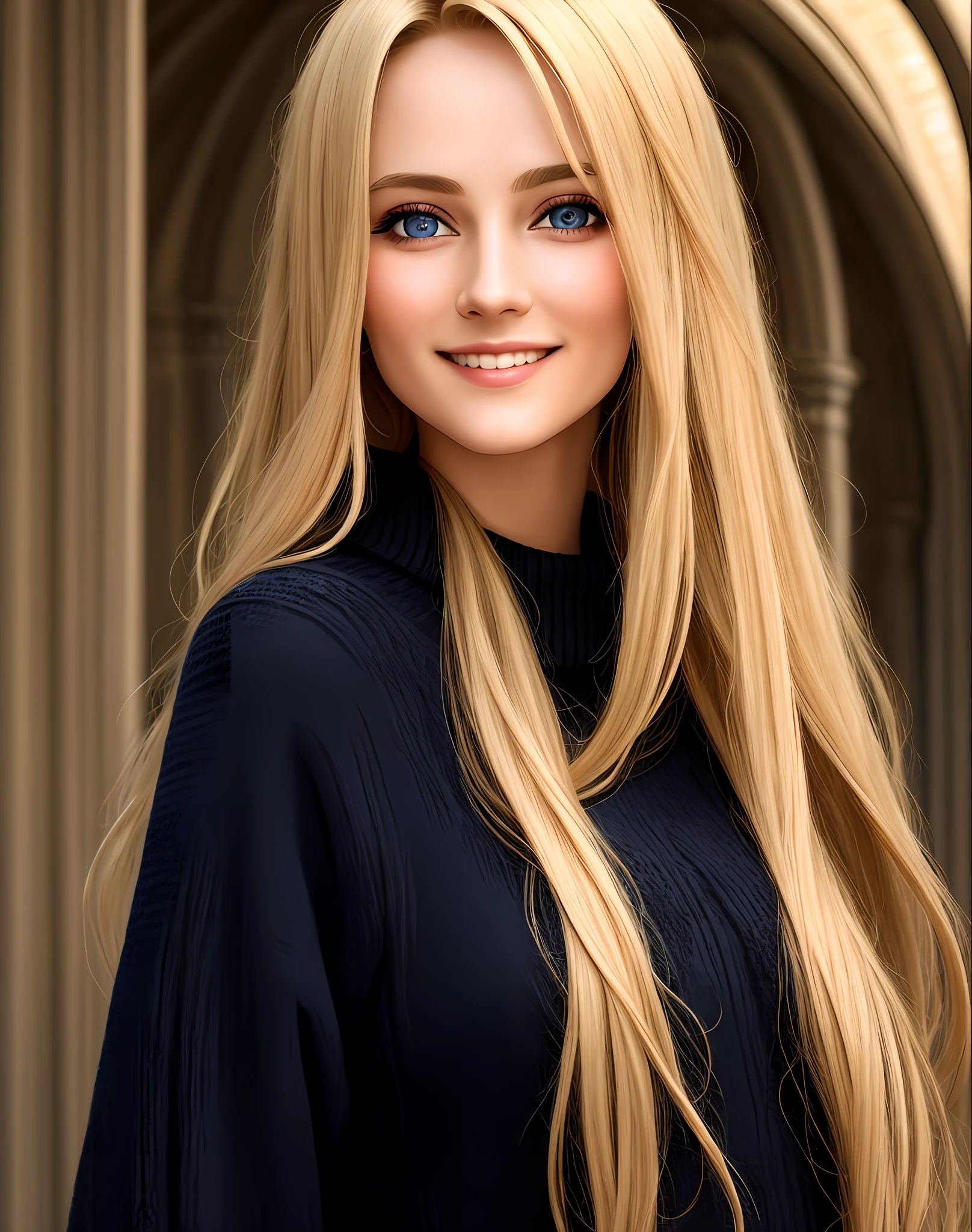 Masterpiece, absurdres,HDR ,highly detailed eyes and face,smiling, beautiful nod_woman, a woman with long blonde hair and a black sweater ,perfect nod_body,perfect nod_face,