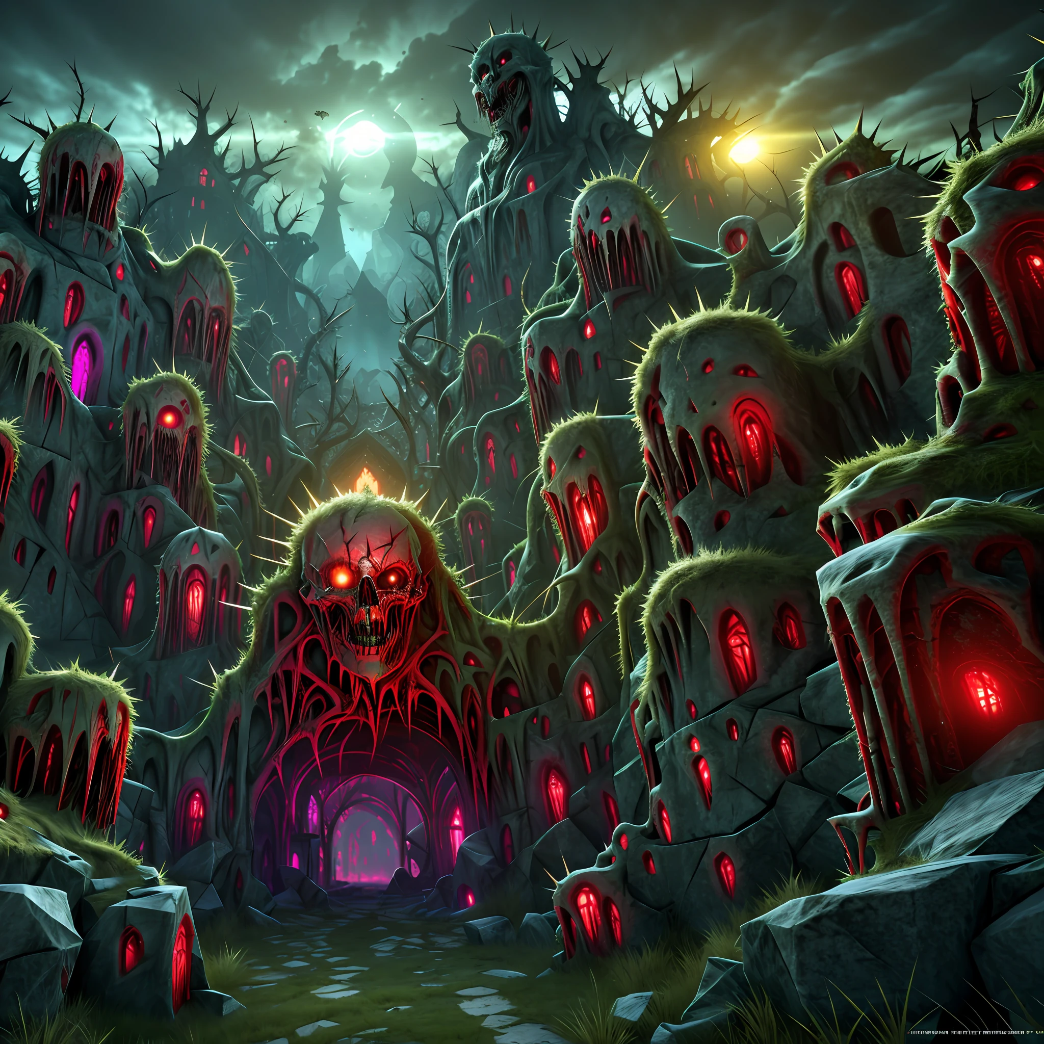 horror art landscape with biomechanicals monuments and beings from the 4th dimension, spiked walls, madness, thorns, artstation, uhd, unreal engine, line art drawing style