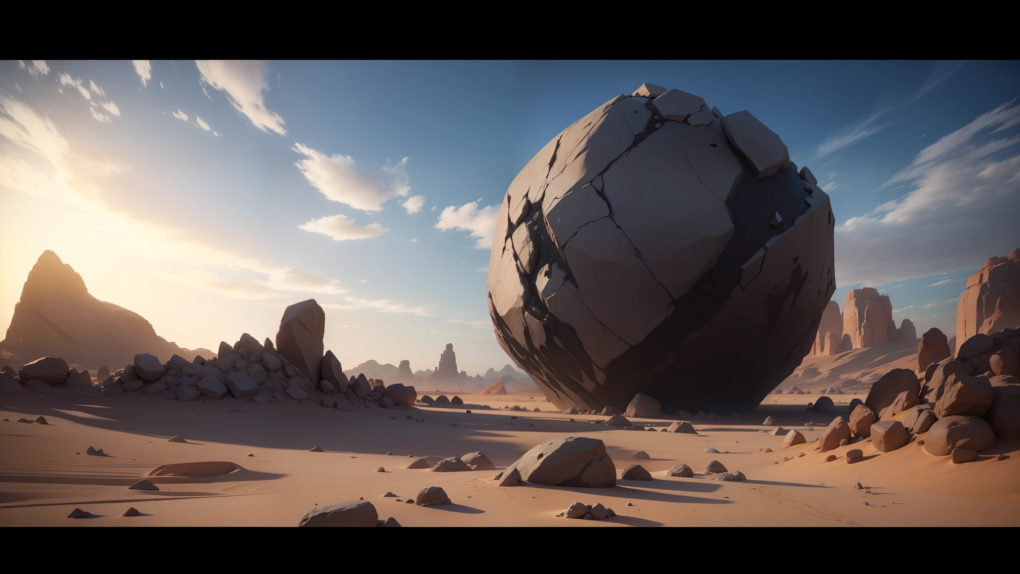 a close up of a large rock in a desert with rocks, solo performance unreal engine, by Pixar, inspired by György Rózsahegyi, destructible environments, his body buried in the sand, featured in cinematic, epic scene of zeus, inspired by Jean-Léon Gérôme, cgsociety