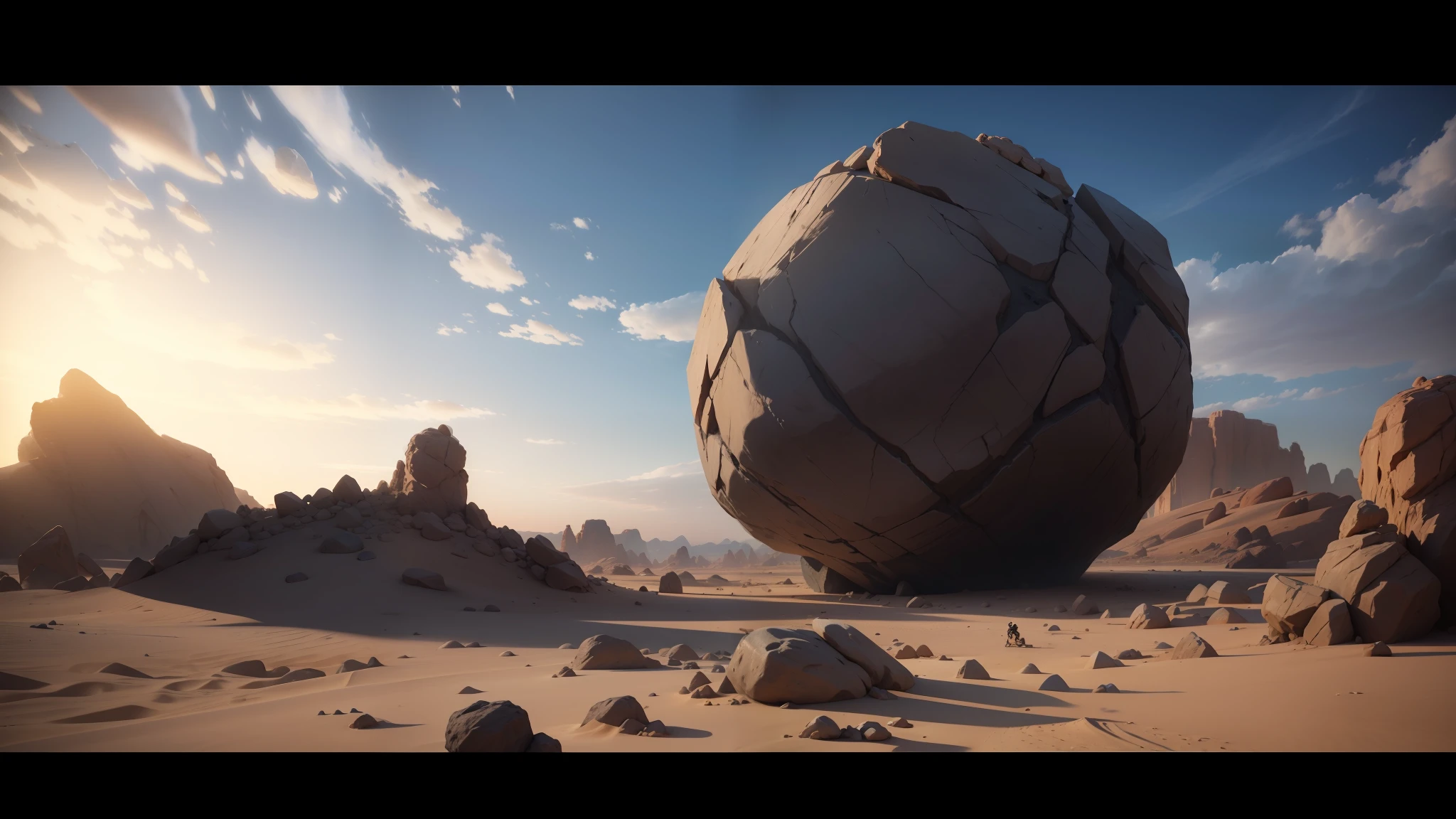a close up of a large rock in a desert with rocks, solo performance unreal engine, by Pixar, inspired by György Rózsahegyi, destructible environments, his body buried in the sand, featured in cinematic, epic scene of zeus, inspired by Jean-Léon Gérôme, cgsociety