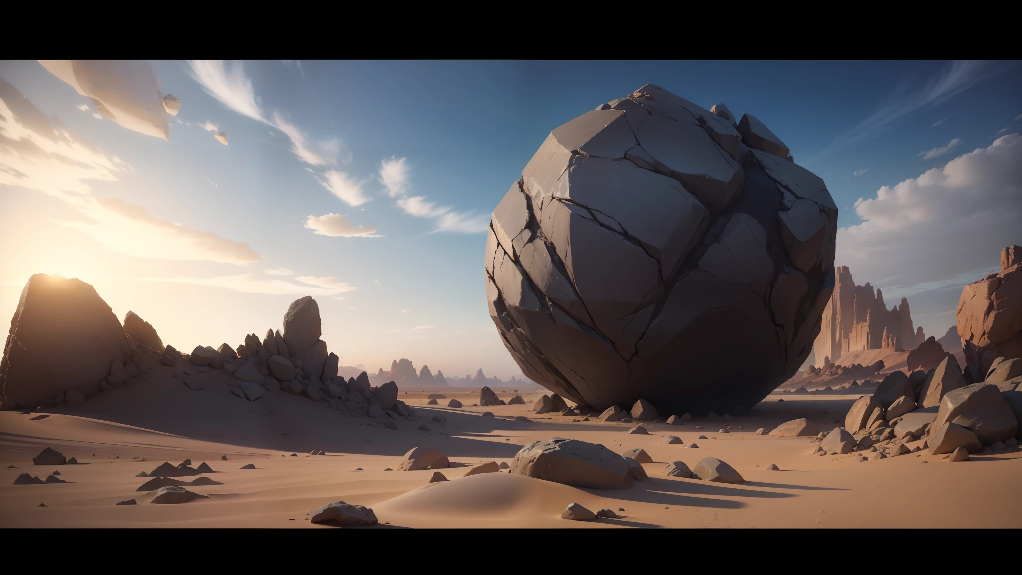a close up of a large rock in a desert with rocks, solo performance unreal engine, by Pixar, inspired by György Rózsahegyi, destructible environments, his body buried in the sand, featured in cinematic, epic scene of zeus, inspired by Jean-Léon Gérôme, cgsociety