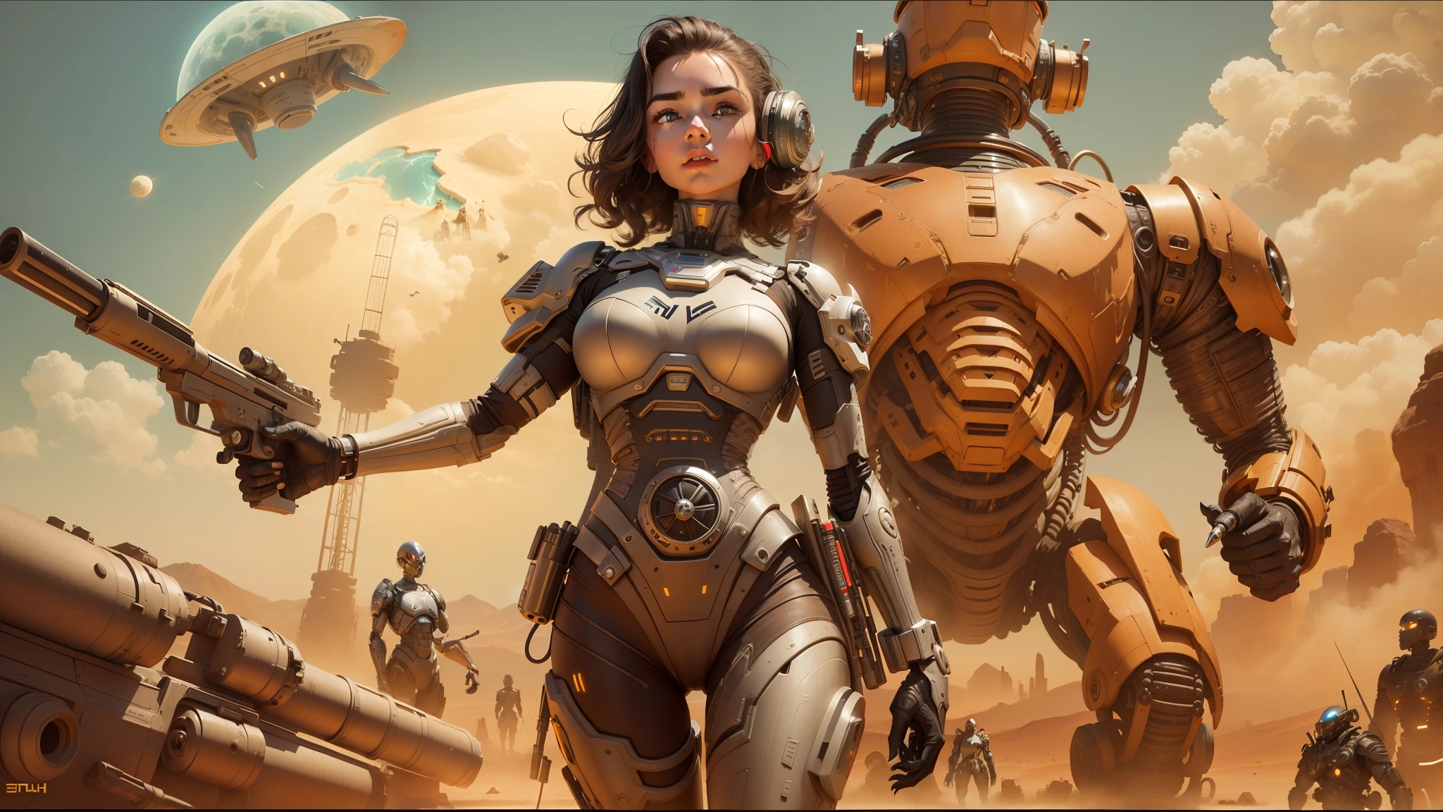 there is a woman that is standing in front of a bunch of aliens, beautiful cyborg girl pinup, vintage horror, weaponized, desert valley of bones, inspired by Stevan Dohanos, mad magazine aesthetic, dream aesthetic, endoskeleton, lunar themed attire, greg ruth, in foreground boy with shotgun, protagonist in foreground, silver snakes, futuristic year 4 0 0 0 --ar 16:9 --v 5.1