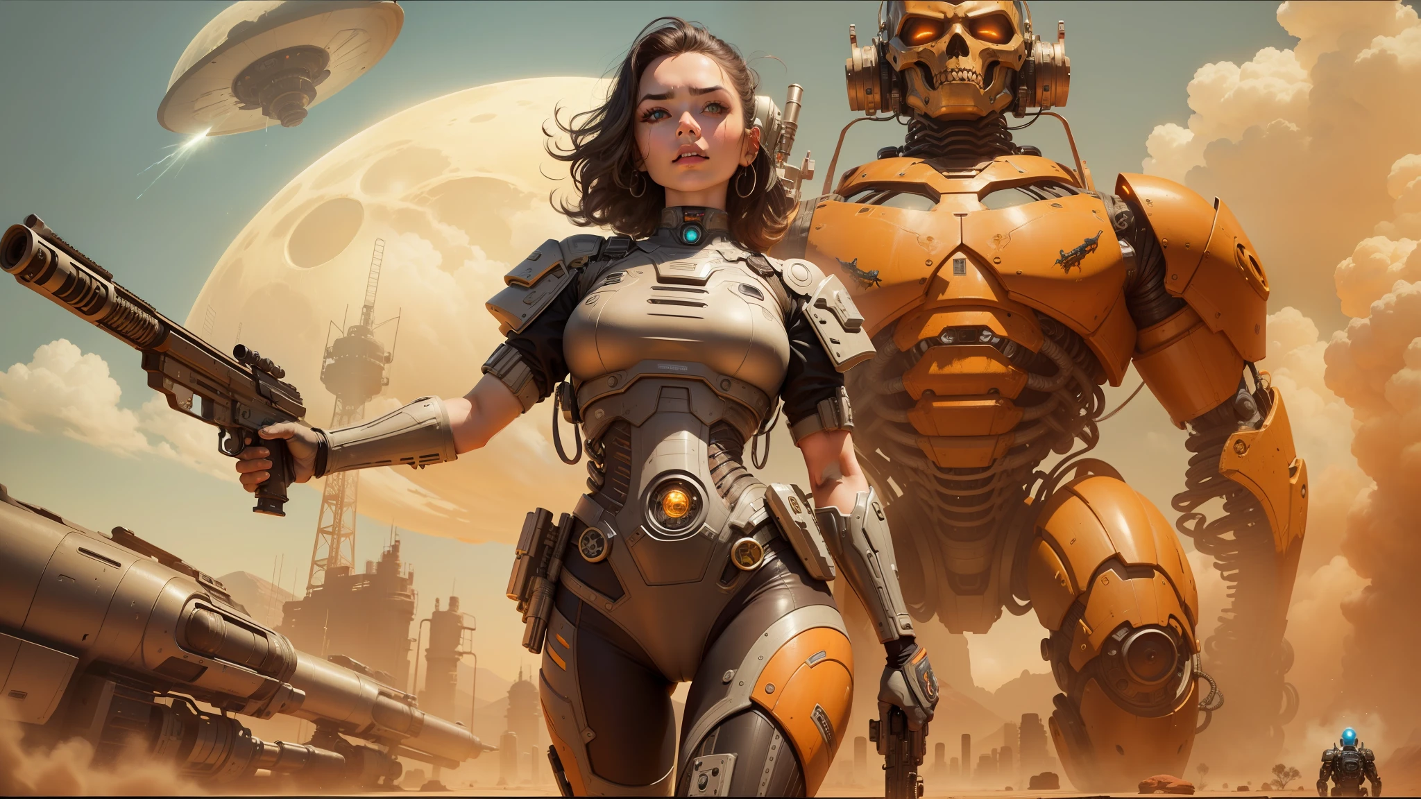 there is a woman that is standing in front of a bunch of aliens, beautiful cyborg girl pinup, vintage horror, weaponized, desert valley of bones, inspired by Stevan Dohanos, mad magazine aesthetic, dream aesthetic, endoskeleton, lunar themed attire, greg ruth, in foreground boy with shotgun, protagonist in foreground, silver snakes, futuristic year 4 0 0 0 --ar 16:9 --v 5.1