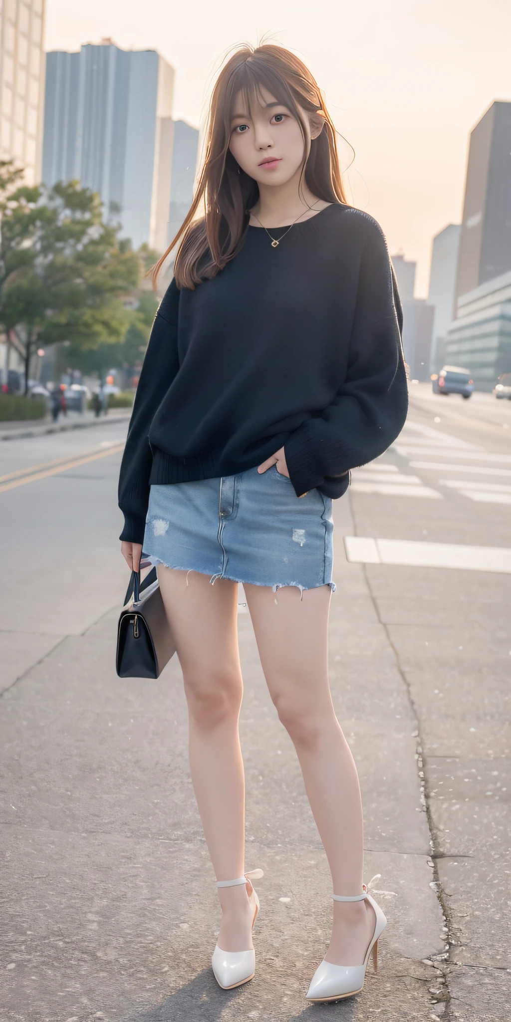 mix4, 20d, solo, long_hair, Nanase Nishino, Haruka Kaki, casual, high_heels,full_body, look_at_viewer, (8K, RAW photography, best quality, masterpiece:1.2), (realistic, photorealism:1.37), Professional lighting, Photon mapping, Radiosity, Physically based rendering