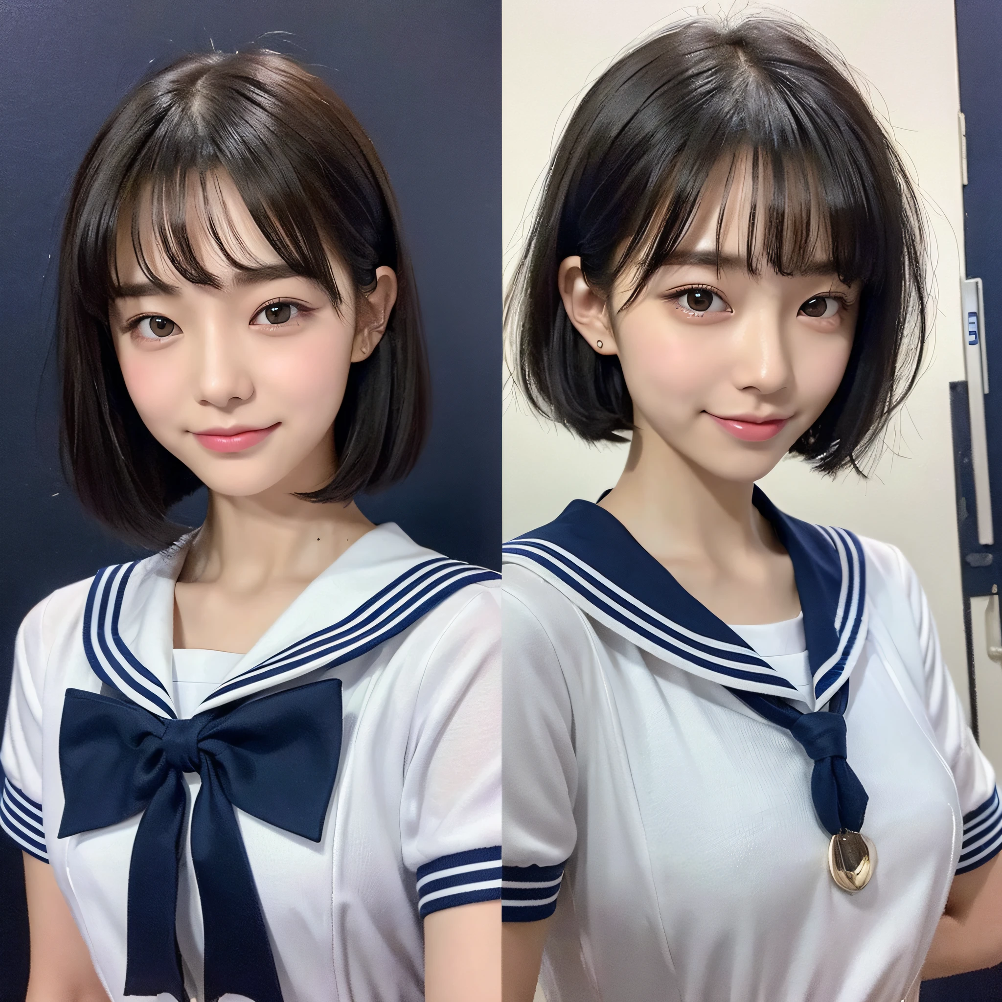 (Best Quality, 8k, 32k, Masterpiece, UHD: 1.3), Cute Japan Woman Pictures, 1 Girl, (Beautiful: 1.2), Abs, Perfect Body, Super Detailed Face, Detailed Lips, Detailed Eyes, Double Eyelids, ((School Uniform, White Sailor Suit, Navy Blue Skirt)), Smile, 16 years old, High School Student, Slim Figure, Constricted Waist, (Black Hair, Short Hair, Straight Hair), Straight Hairstyle --auto --s2