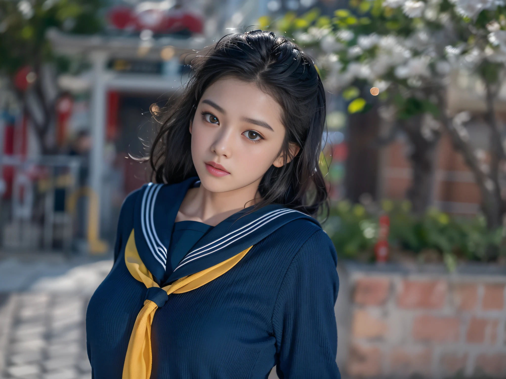 (8k, highest quality, masterpiece: 1.2), (realistic, photorealistic: 1.37), ultra-detail, highest quality, ultra-high resolution, professional lighting, photon mapping, radiosity, physically based rendering, cinematic lighting, blushing, depth of field, focusing, sunbeams, good composition, (bokeh: 1.2), 1 girl, (full body), (closed mouth), Beautiful eyes, pose, constriction, sailor suit, black hair, unkempt hair, long hair fluttering in the wind, (ulzzang-6500:1.2) mix4, hiqcgbody