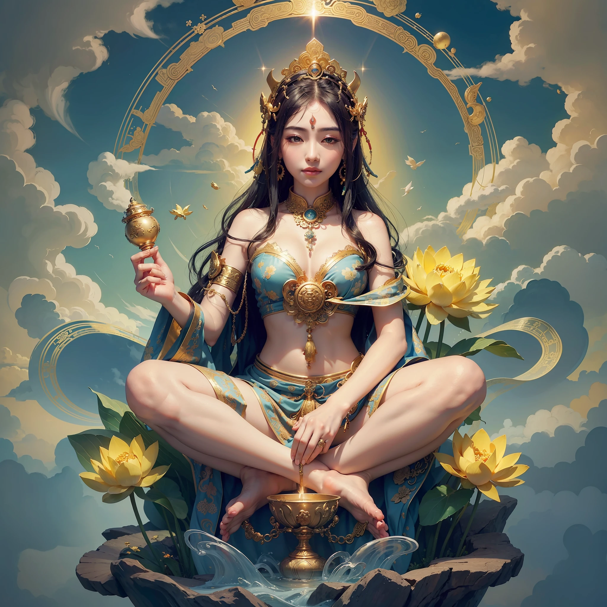 The Guanyin Bodhisattva on the lotus throne, with a kind face, kind eyebrows and good eyes, holding a vase or wishful treasure, surrounded by flowing clouds and colorful auspicious clouds. In the mythical atmosphere of the celestial realm, the clouds and mist blend with the dreamy scene to create a mysterious and wonderful picture. --auto --s2