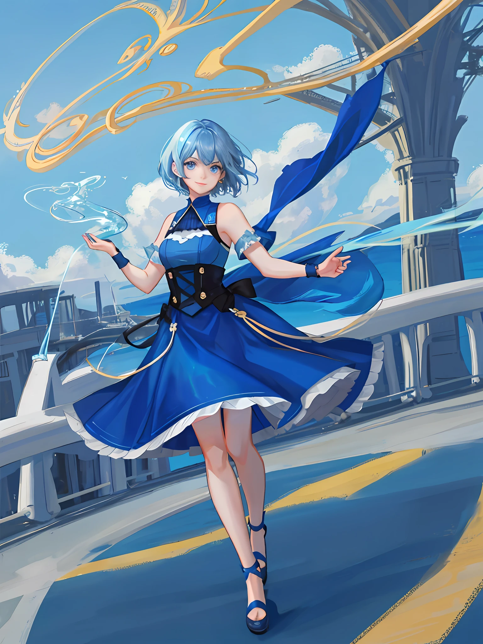 Girl short hair Blue hair Blue eyes Blue matching Smile confidently Correct limbs