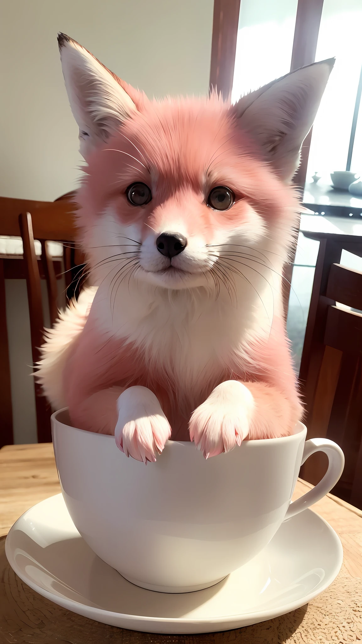 pink fox, (Himalaya), (little)))), in teacup, face, front paws sticking out, 8K, professional photo, sophisticated, clear, on table, inside the house, sunlight, light leakage, masterpiece, ((pretty)), fashion teacup, (realistic), plush toy, round pupils