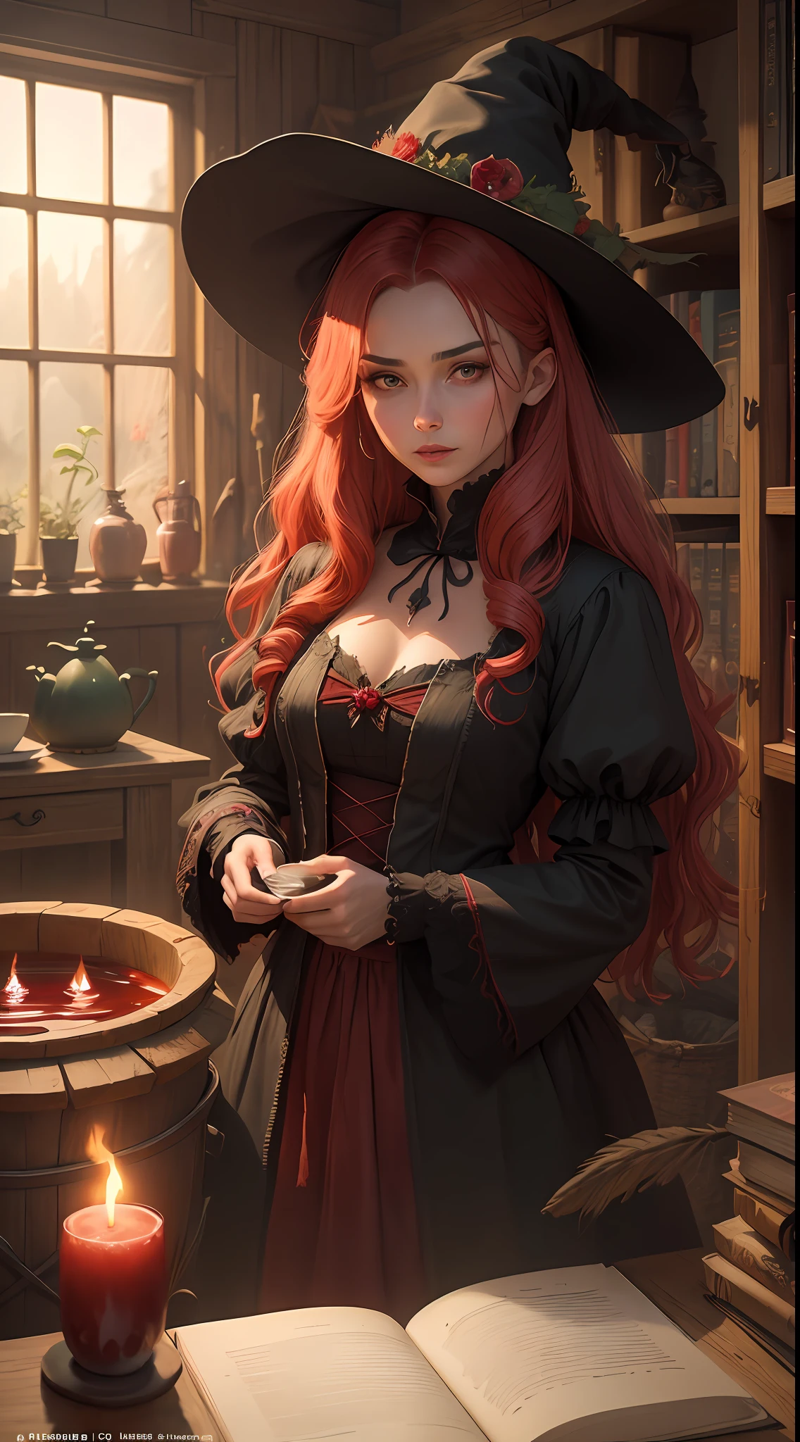 A red witch in a witch's lair, a beautiful femme fatale in a witch costume brews a witchcraft potion, the interior of a village house, a huge cauldron with boiling green liquid, many small interior details, bundles of dried grass everywhere, witchcraft potions, old books, gloomy contrasting fire lighting, the gloomy atmosphere of a fairy tale about a witch, like a painting by an old artist, photorealism, like an illustration from a book