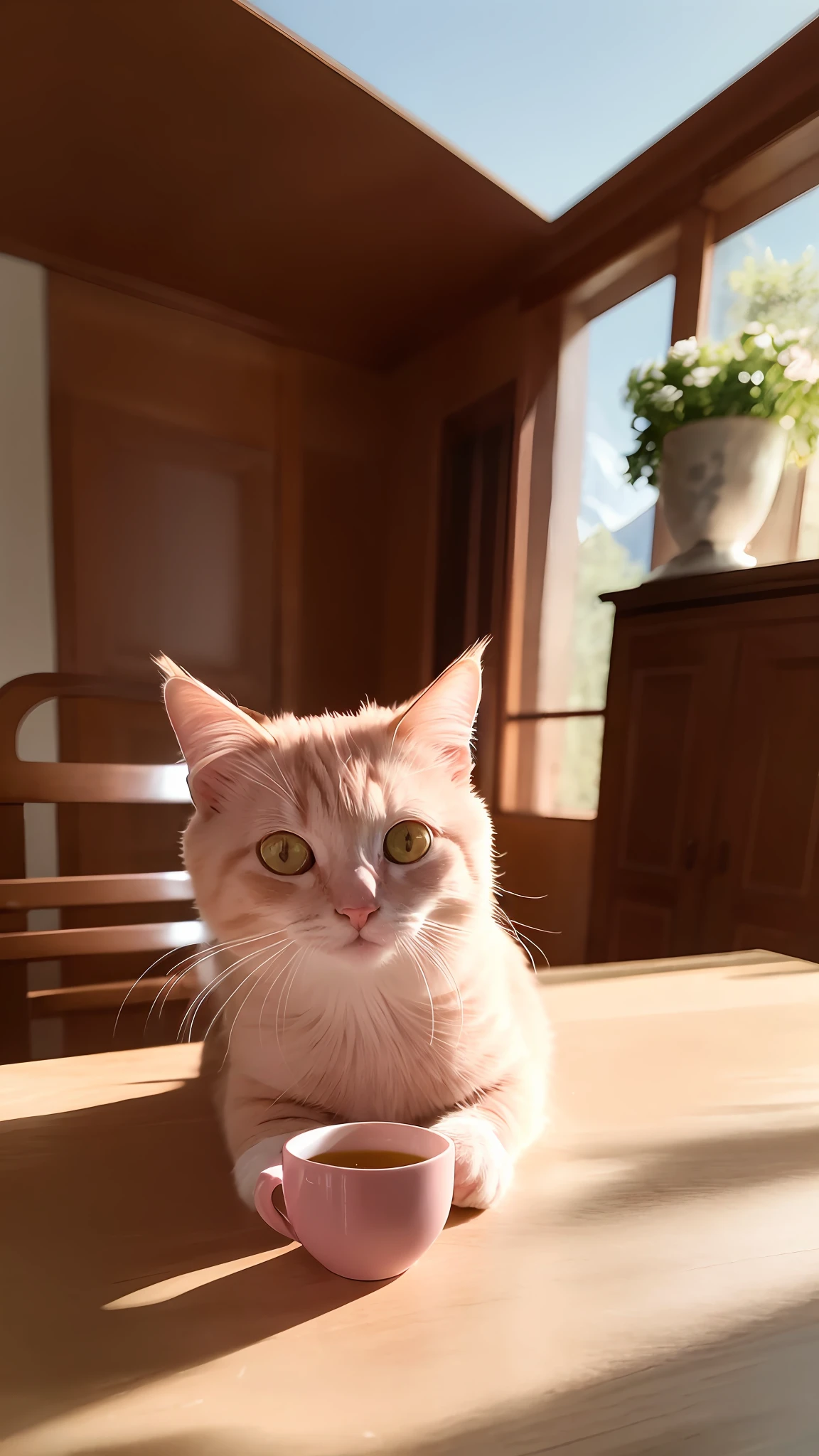 pink cat, (Himalaya), (little)))), face, front paws sticking out, 8K, professional photo, delicate, clear, on table, inside the house, sunlight, light leaking, masterpiece, ((pretty)), fashion teacup, (reality), plush toy, round pupils