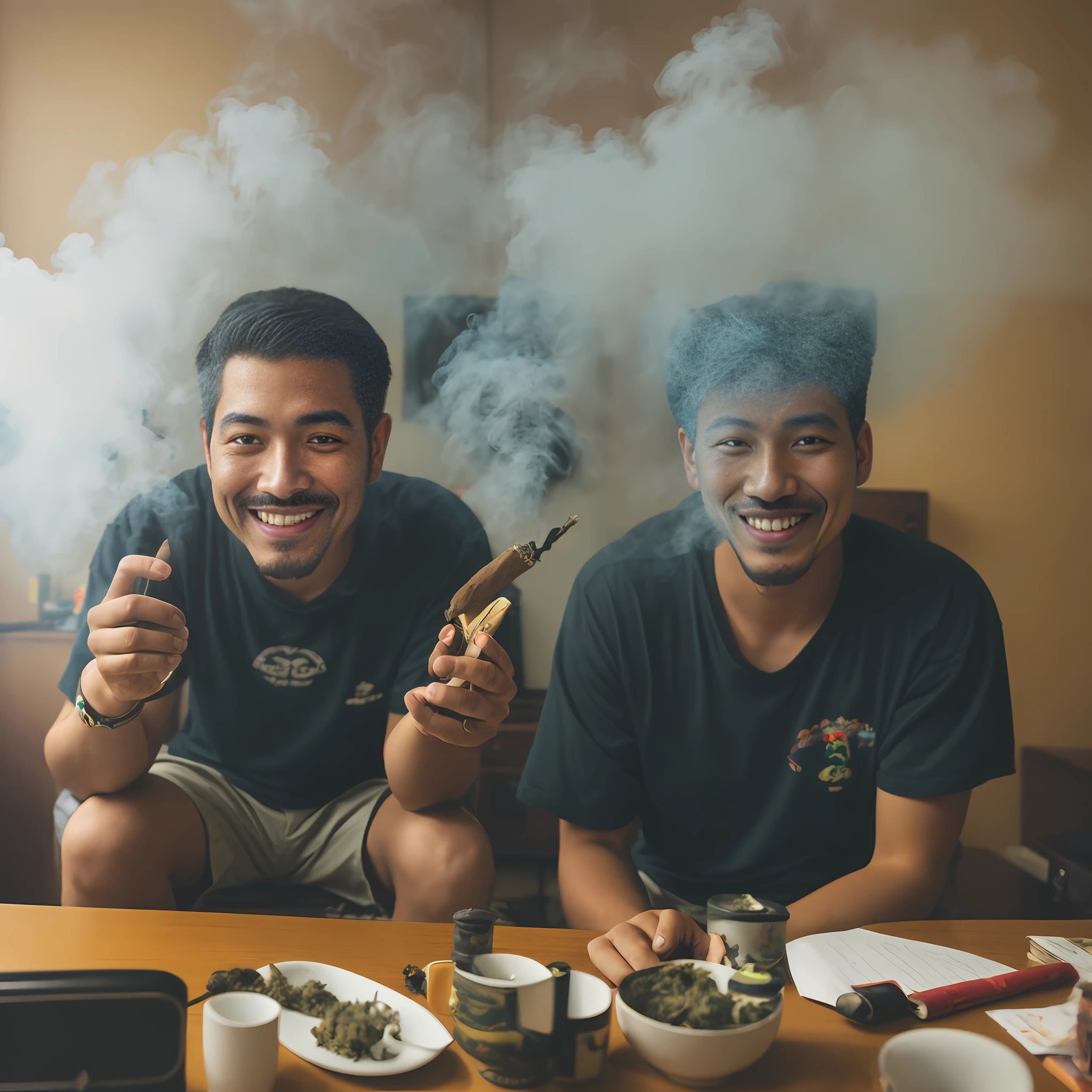 One man blows cannabis in the room, a lot of smoke comes out of his mouth, he has a cigar in his hand, Japan man, sitting, looks happy, high quality, wide angle, f1.4,