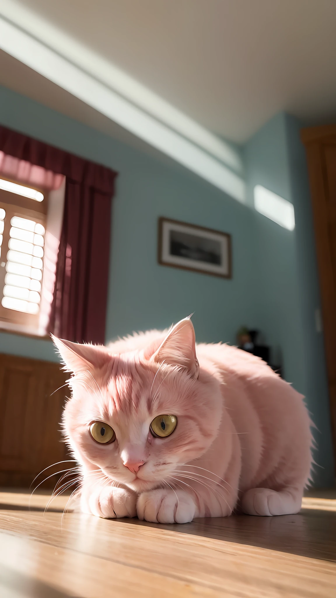pink cat, (Himalaya), (little)))), face, front paws sticking out, 8K, professional photo, delicate, clear, on table, inside the house, sunlight, light leaking, masterpiece, ((pretty)), fashion teacup, (reality), plush toy, round pupils