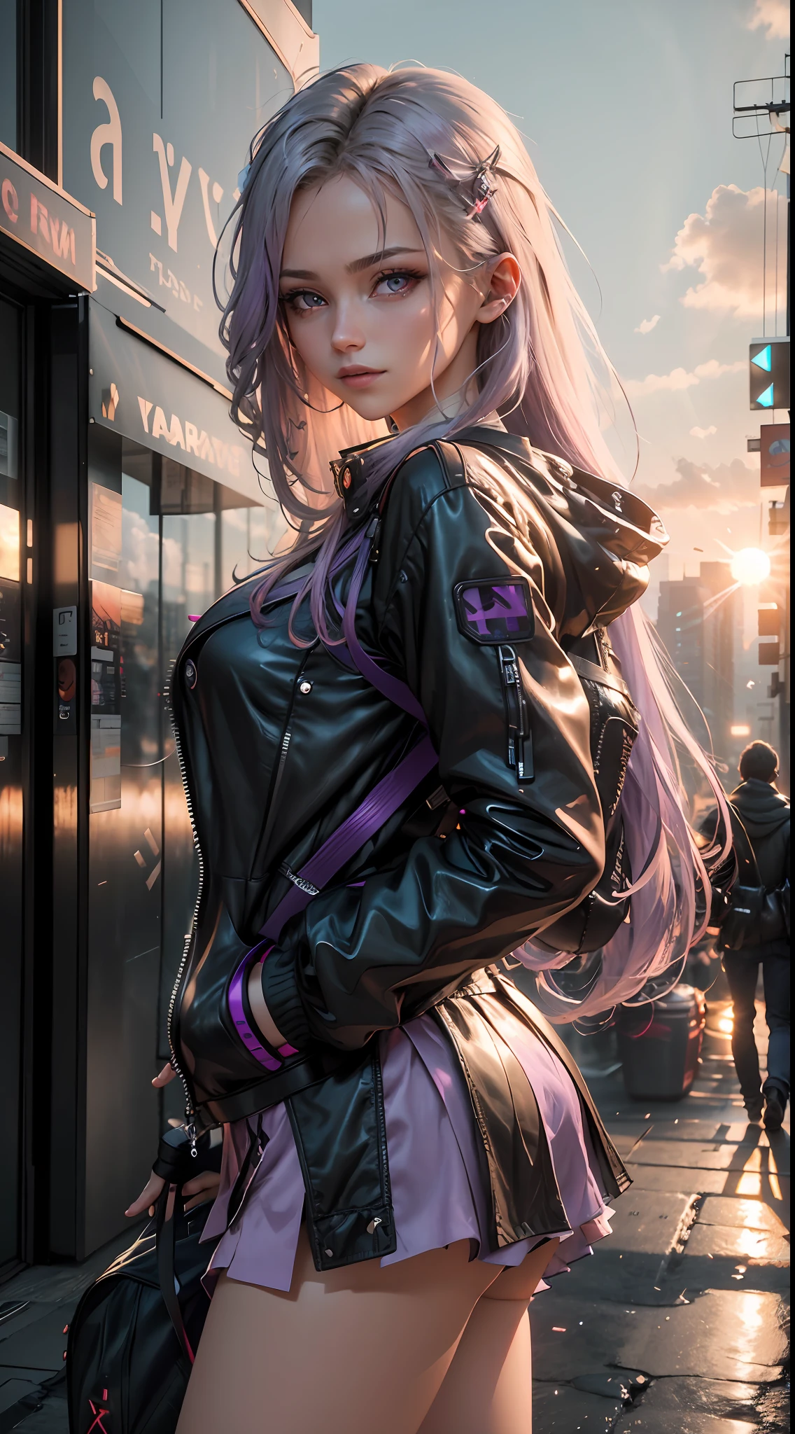 (masterpiece), (atmospheric view) beautiful girl, light smile, medium breasts, sparkling purple eyes, long platinum violet hair, gradient hair, hair ornaments,vbackpack, black and red jacket, skirt, serene expression, cyberpunk city, immersive atmosphere, futuristic technology, mesmerizing world, hair in the wind, neon-lit machines, vivid and contrasting colors, soft shading and cellular shading, immersive and detailed scenery, stunning sunset, detailed clouds, clouds reflecting sunlight, overexposure, ultra detailed, sharp and smooth focus, 8k, raw, largest aperture, Arnold rendering, Unreal engine,