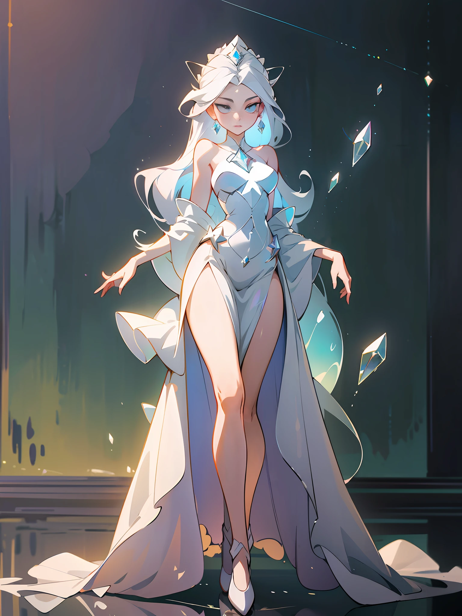 (best quality, masterpiece), 1 girl, white diamond mineral, beautiful full body concept art, simple dark background, white long hair, (straight long legs:1.4), (long skirt that covers the thighs), mineral, sleek glass thickness, transparent, cinematic lighting, rendering, 4K, --niji 5